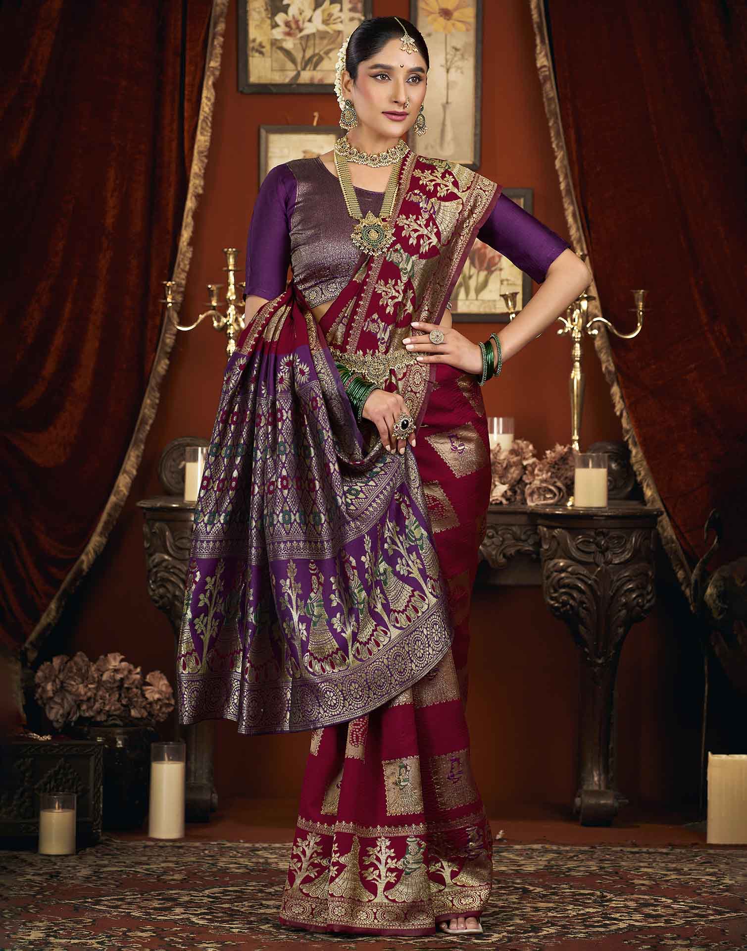 Maroon Silk Woven Banarasi Saree