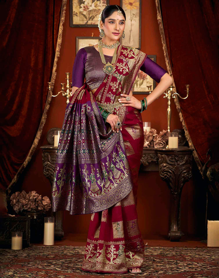 Maroon Silk Woven Banarasi Saree