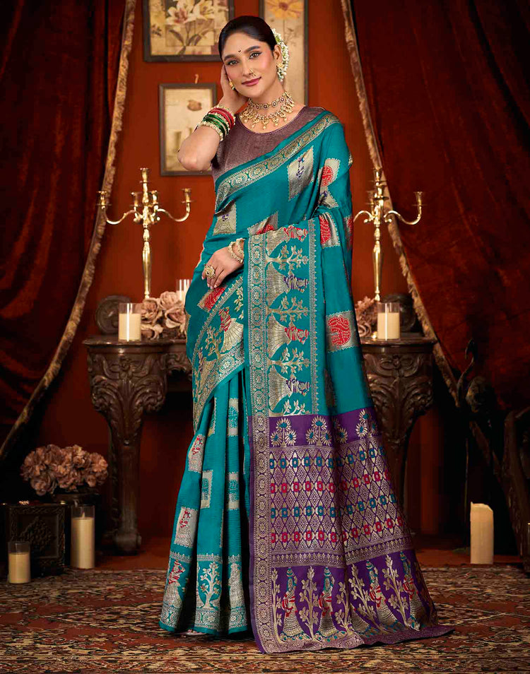 Rama Blue Silk Woven Banarasi Saree