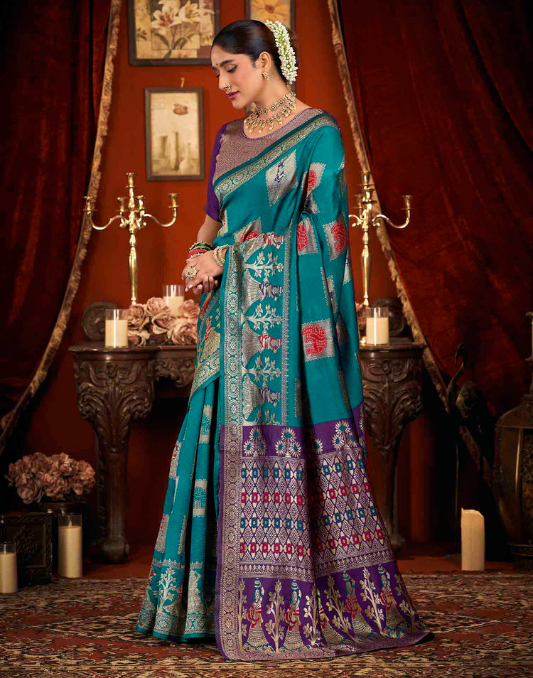 Rama Blue Silk Woven Banarasi Saree