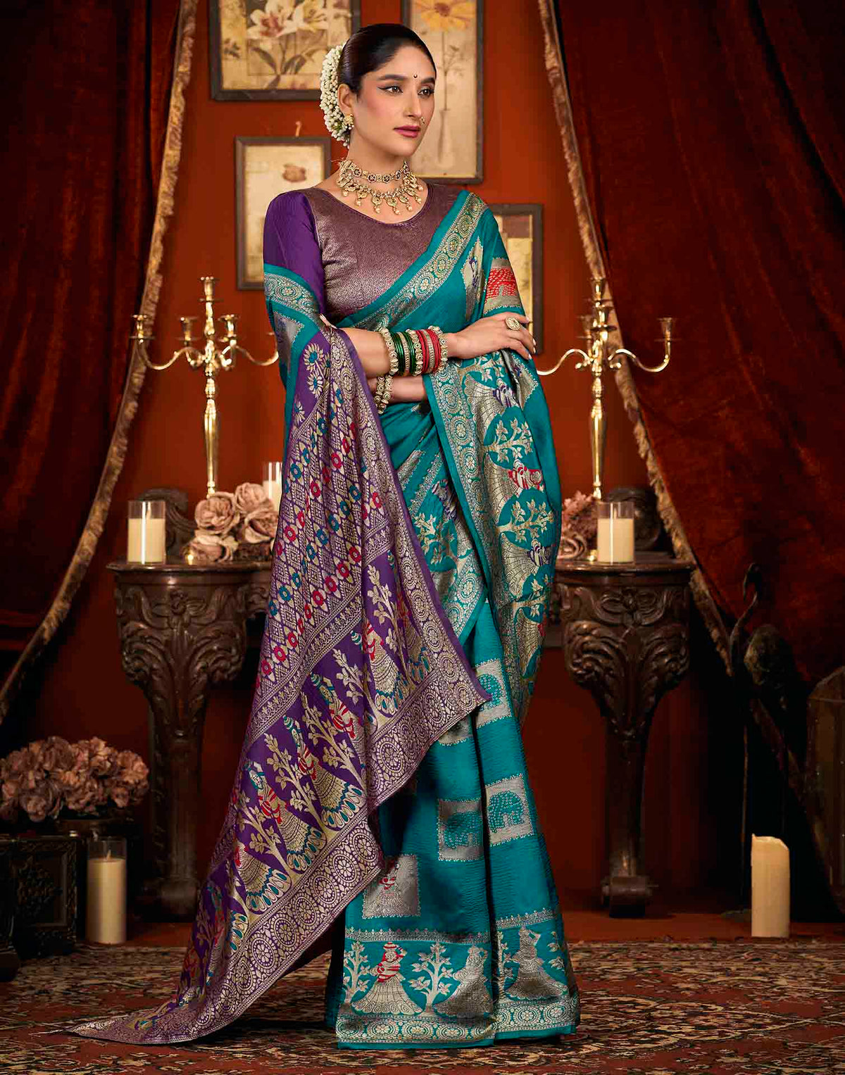 Rama Blue Silk Woven Banarasi Saree