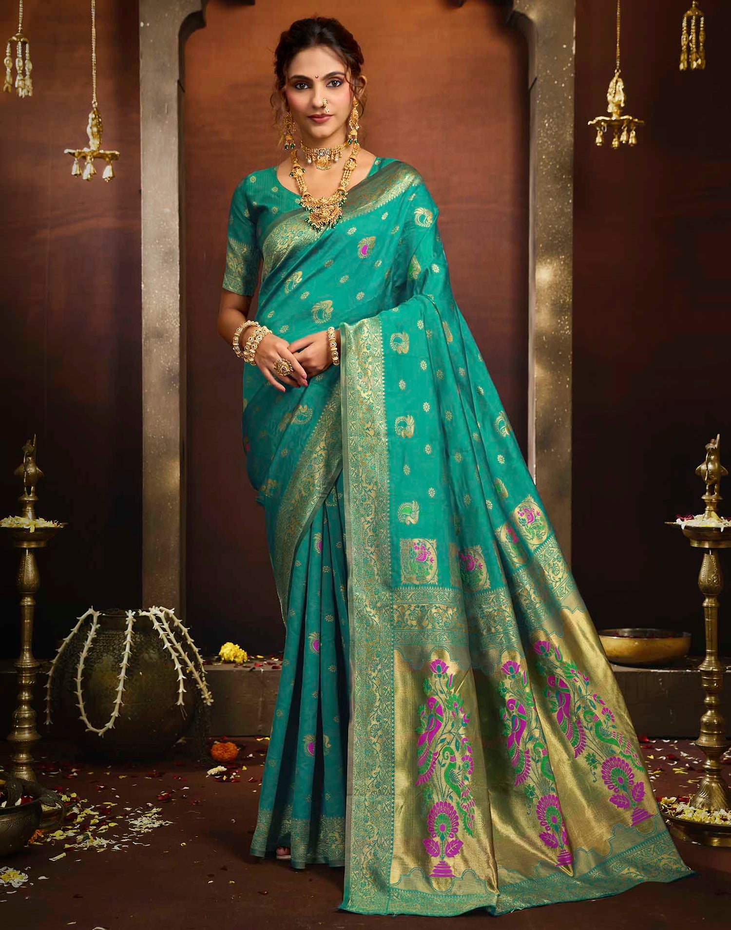 Turquoise Silk Woven Paithani Saree