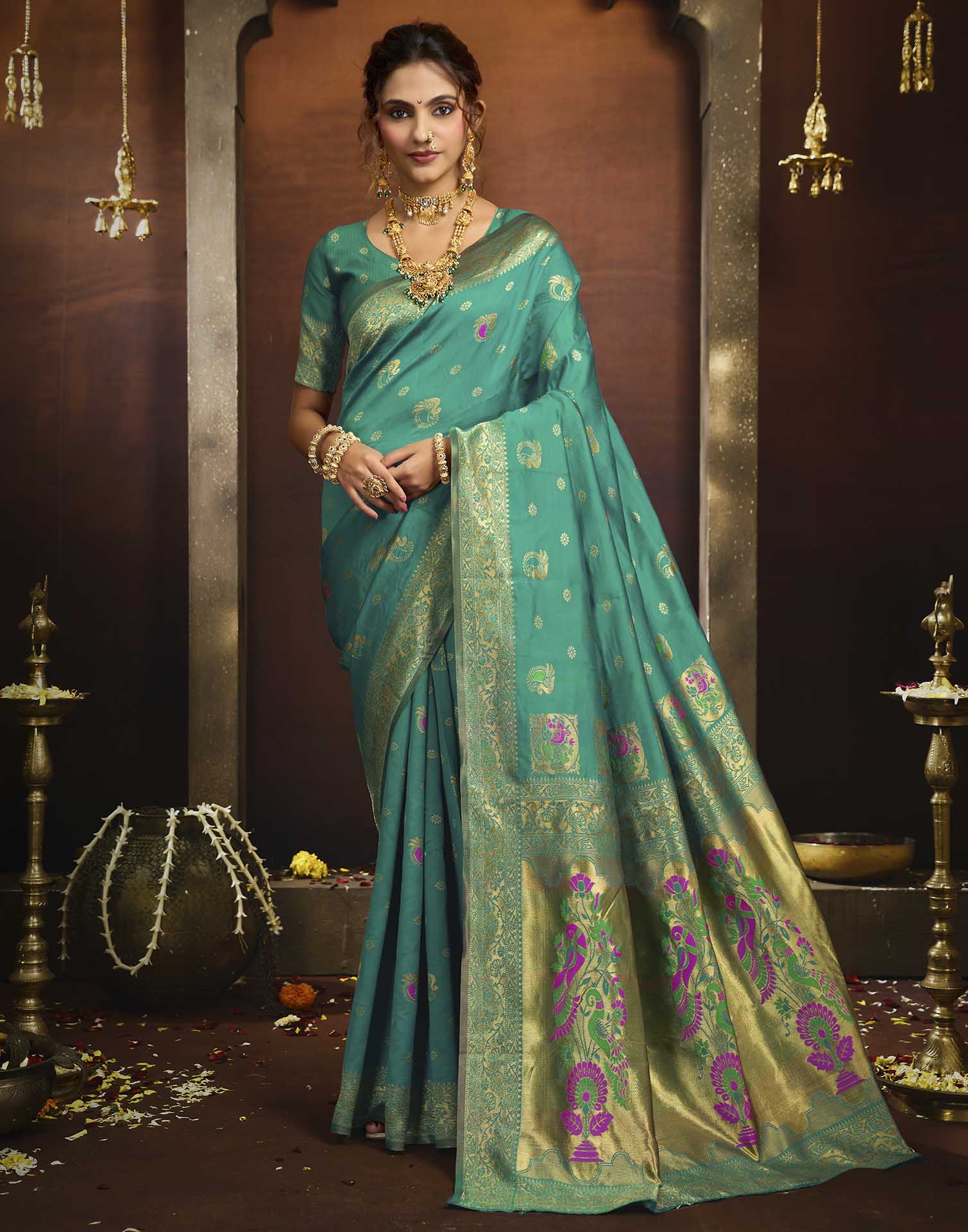 Turquoise Silk Woven Paithani Saree