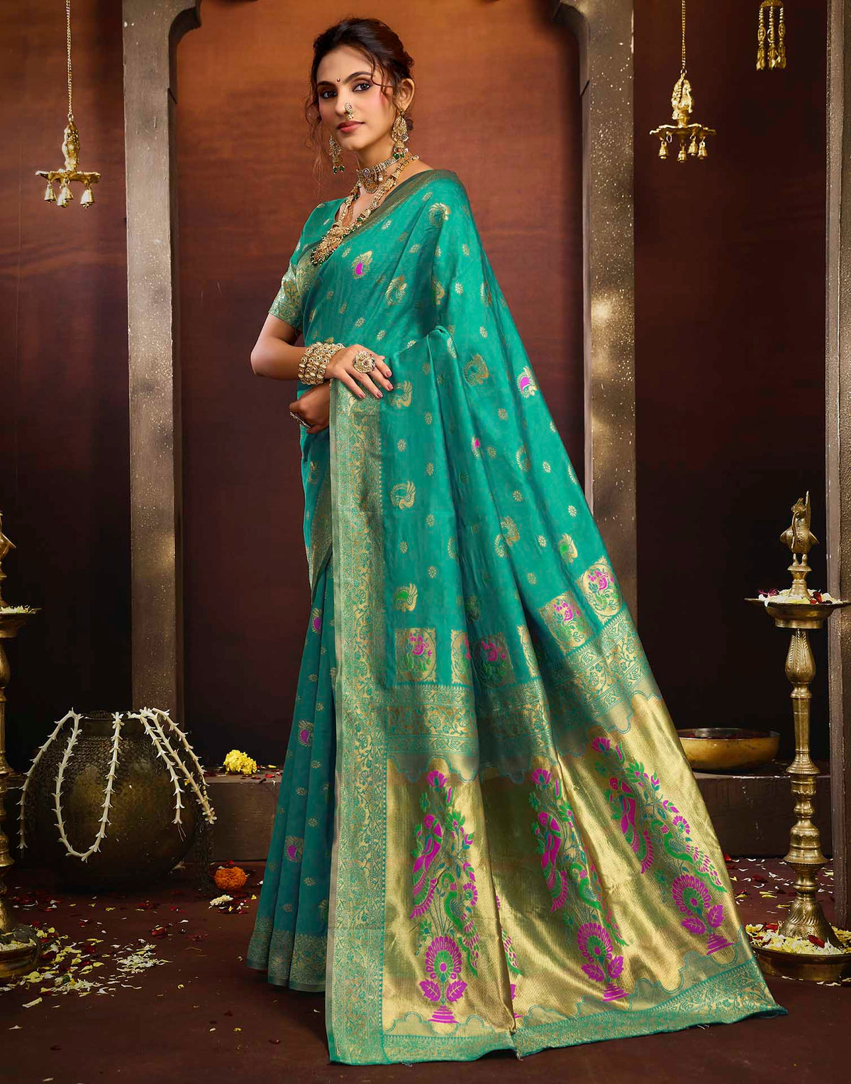 Turquoise Silk Woven Paithani Saree