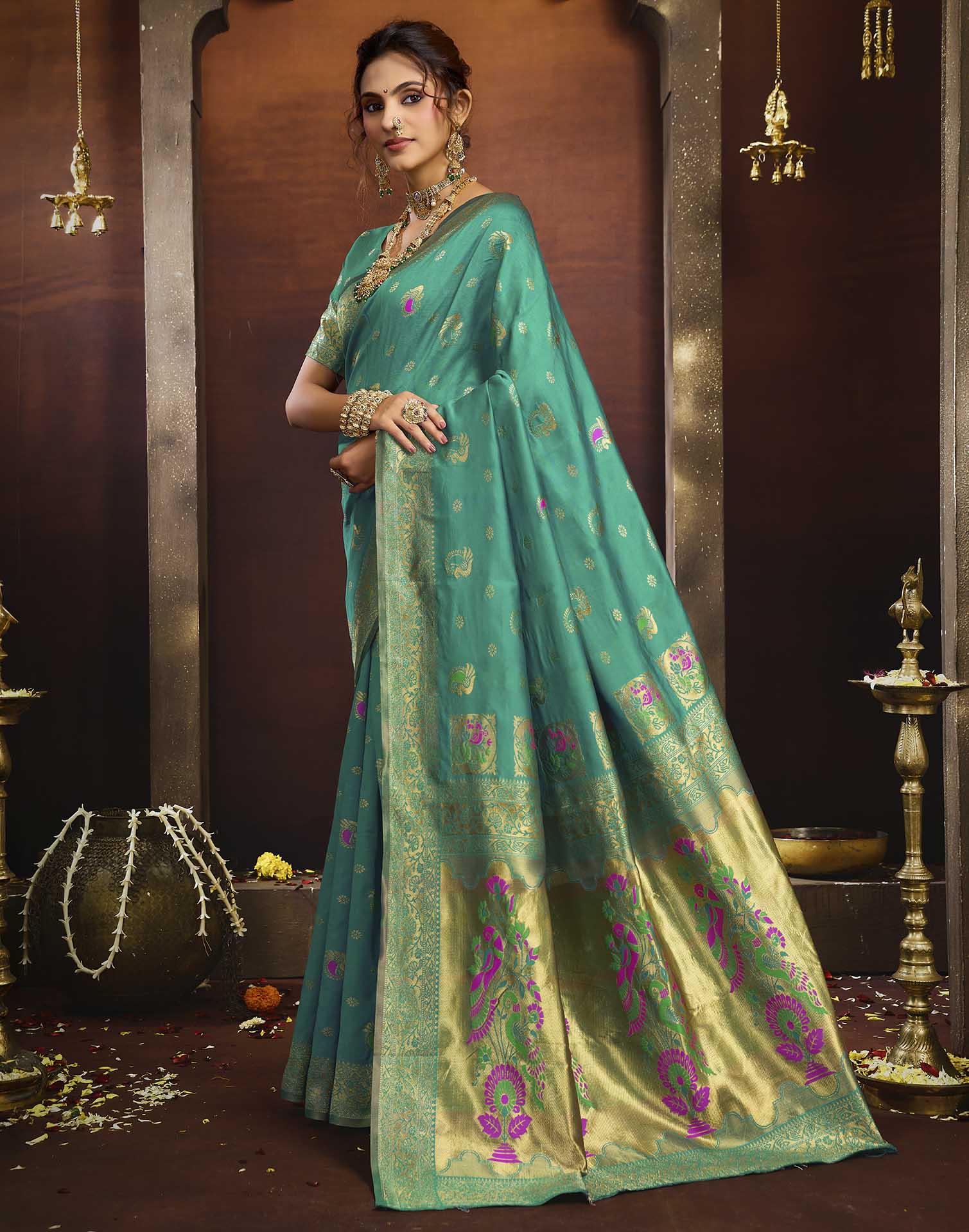 Turquoise Silk Woven Paithani Saree