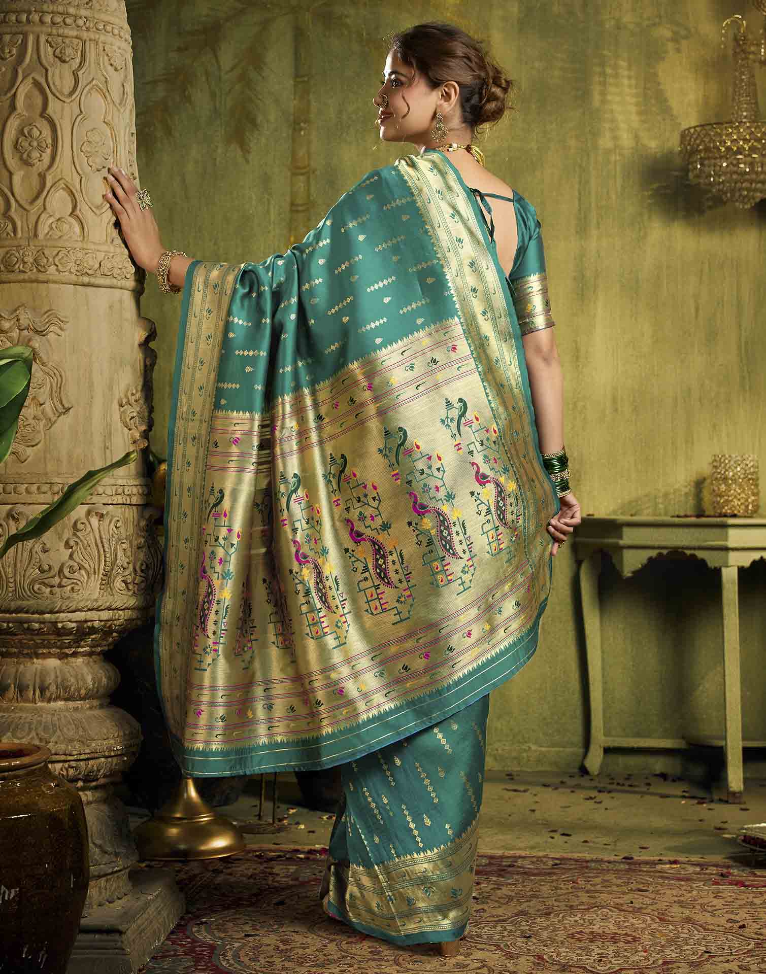 Turquoise Silk Woven Paithani Saree