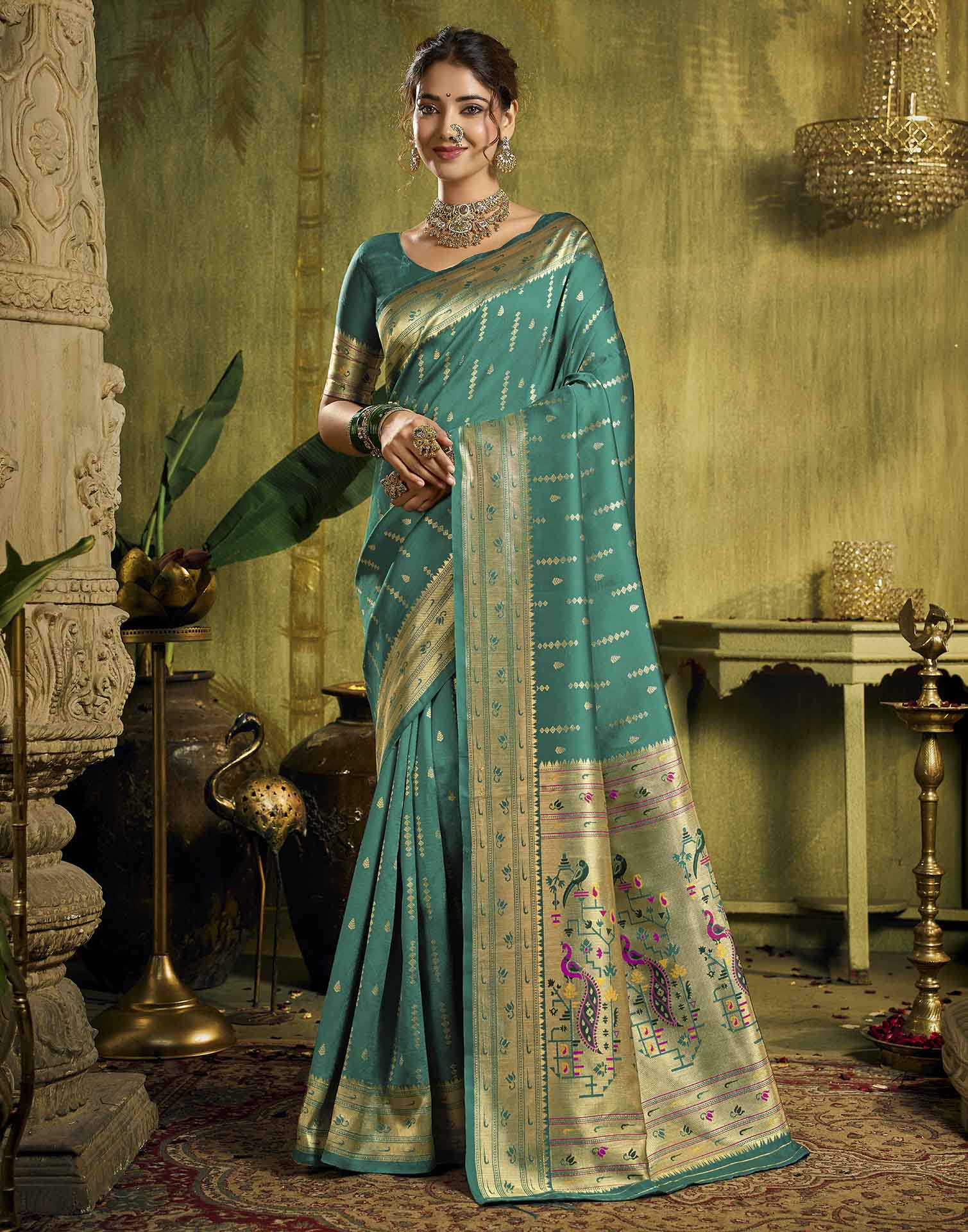 Turquoise Silk Woven Paithani Saree