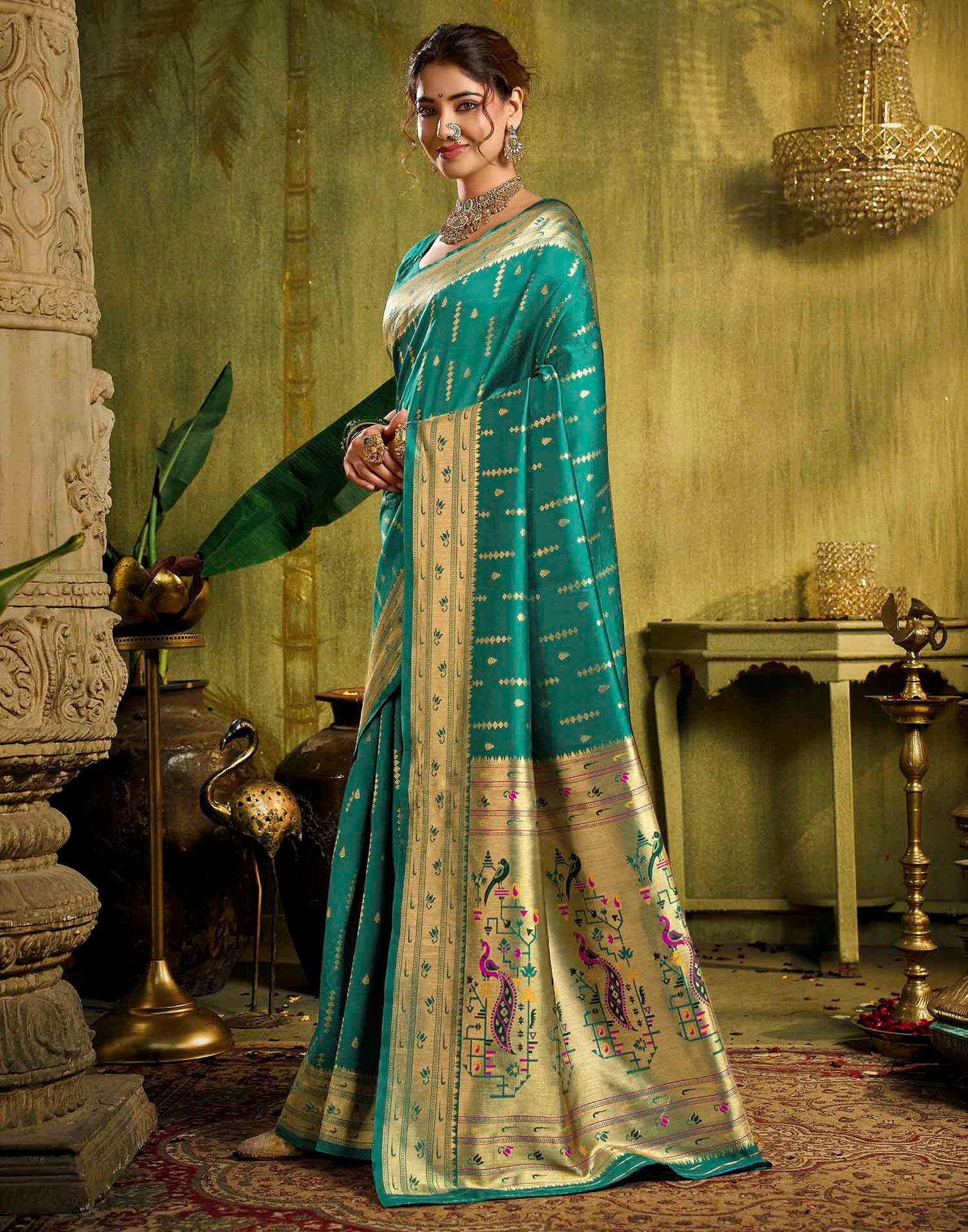 Turquoise Silk Woven Paithani Saree