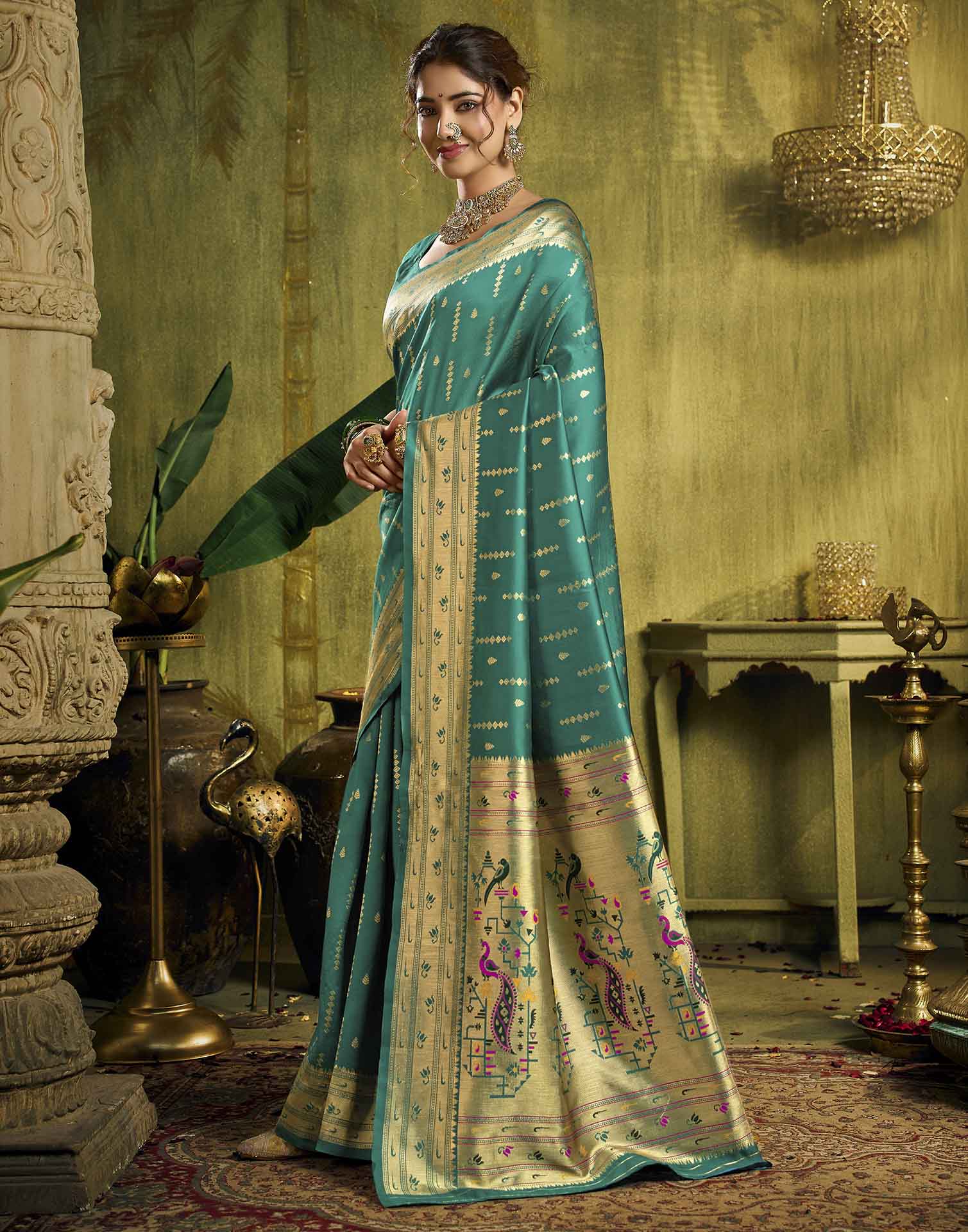Turquoise Silk Woven Paithani Saree