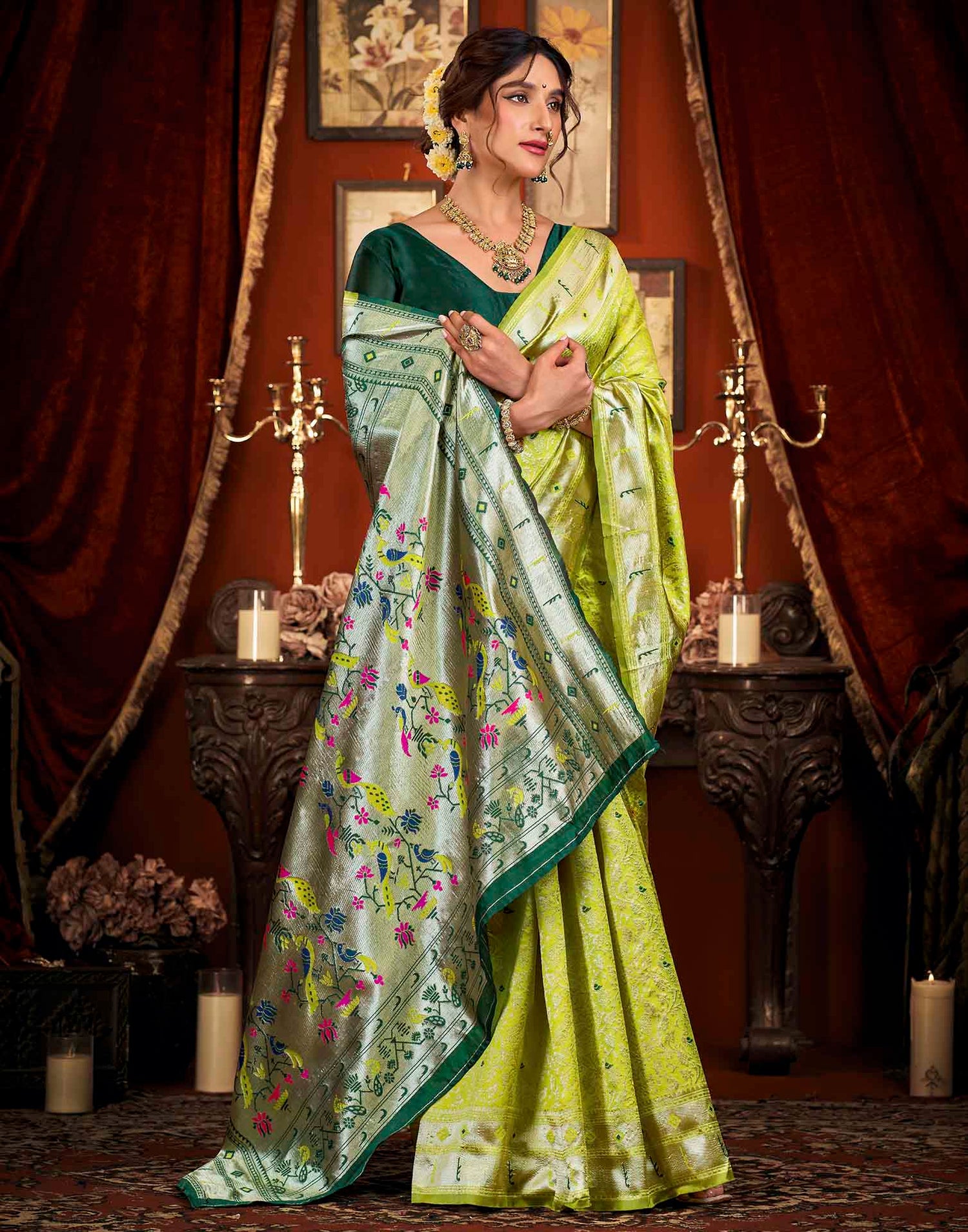 Parrot Green Silk Woven Paithani Saree