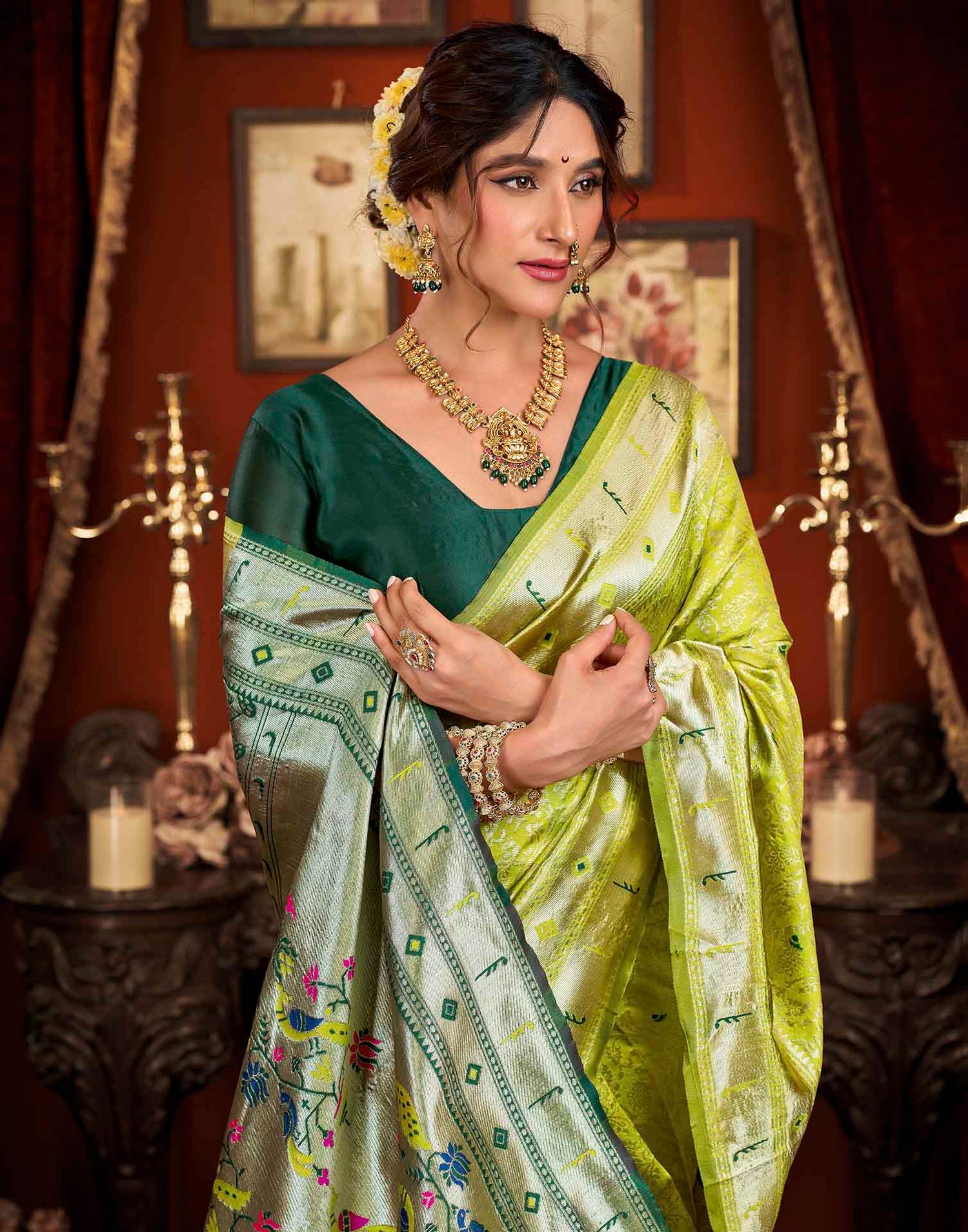 Parrot Green Silk Woven Paithani Saree