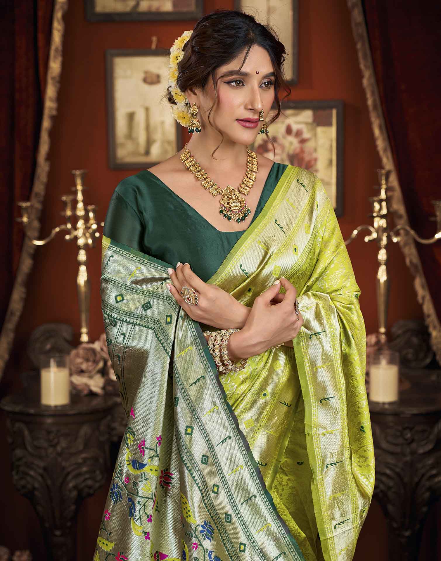 Parrot Green Silk Woven Paithani Saree