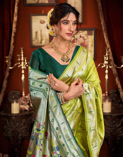 Parrot Green Silk Woven Paithani Saree