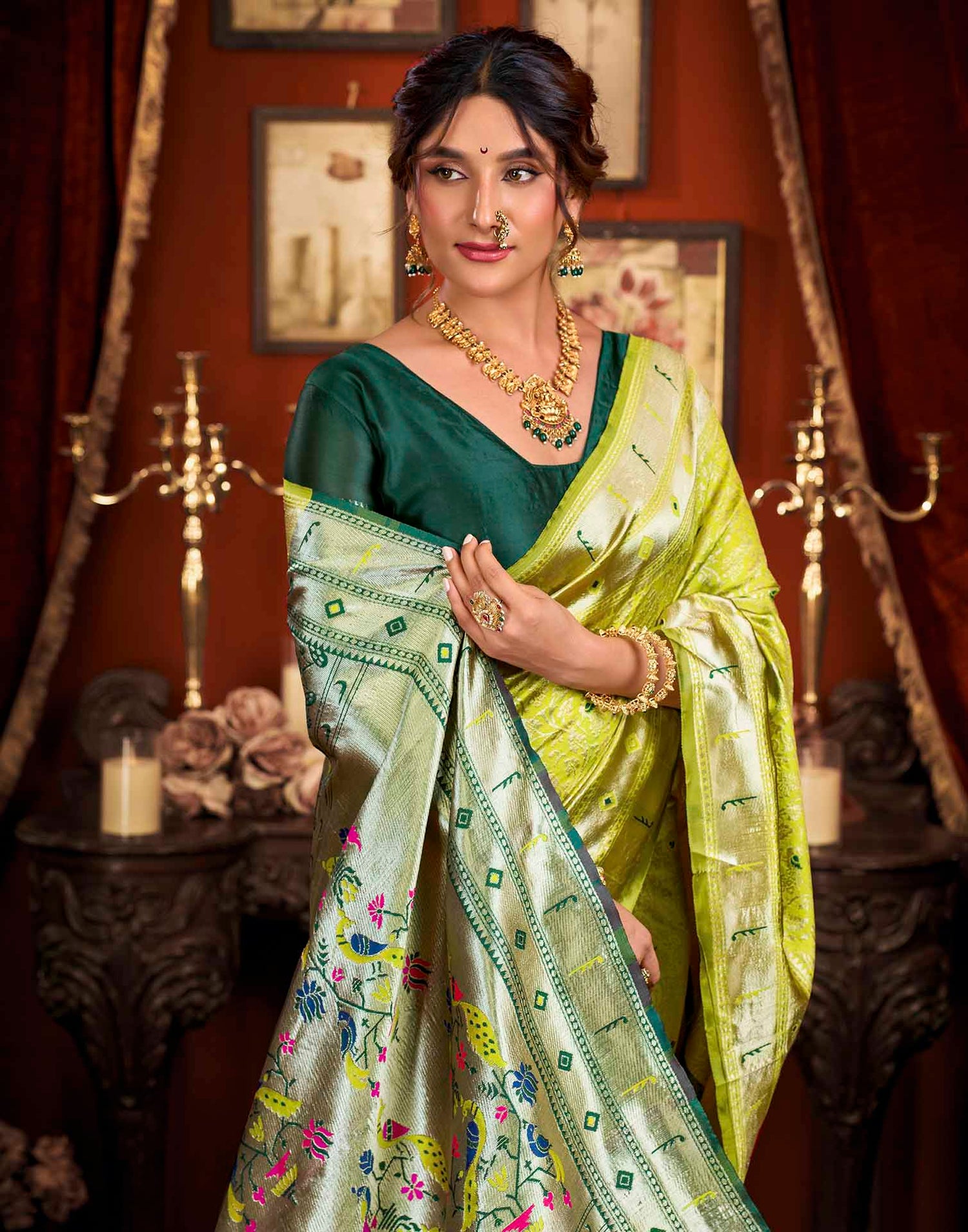 Parrot Green Silk Woven Paithani Saree