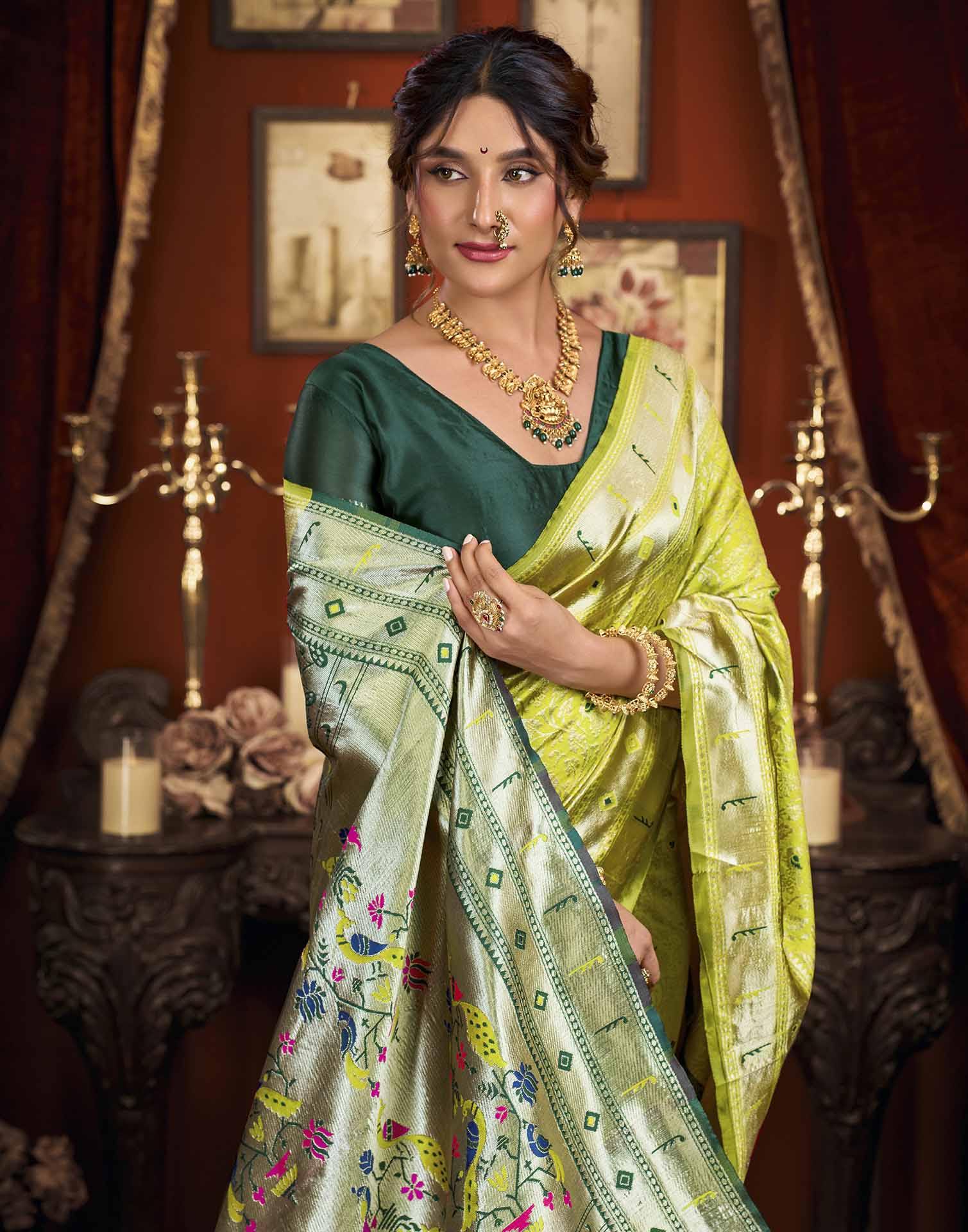 Parrot Green Silk Woven Paithani Saree