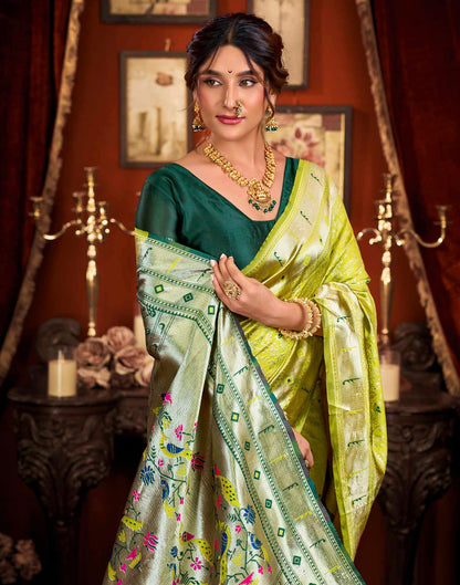 Parrot Green Silk Woven Paithani Saree
