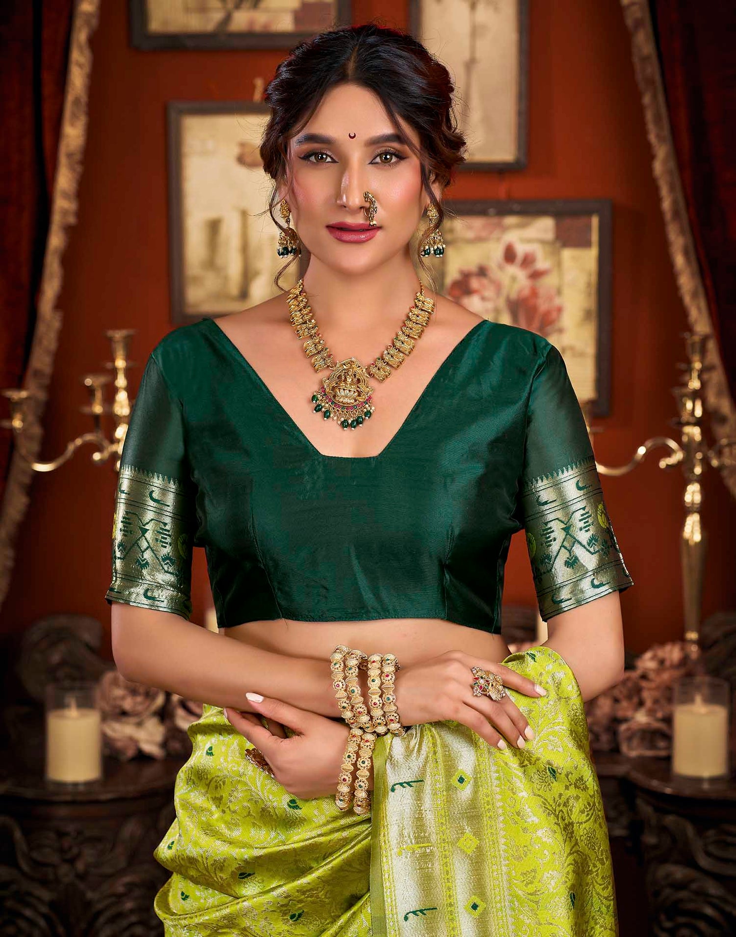 Parrot Green Silk Woven Paithani Saree