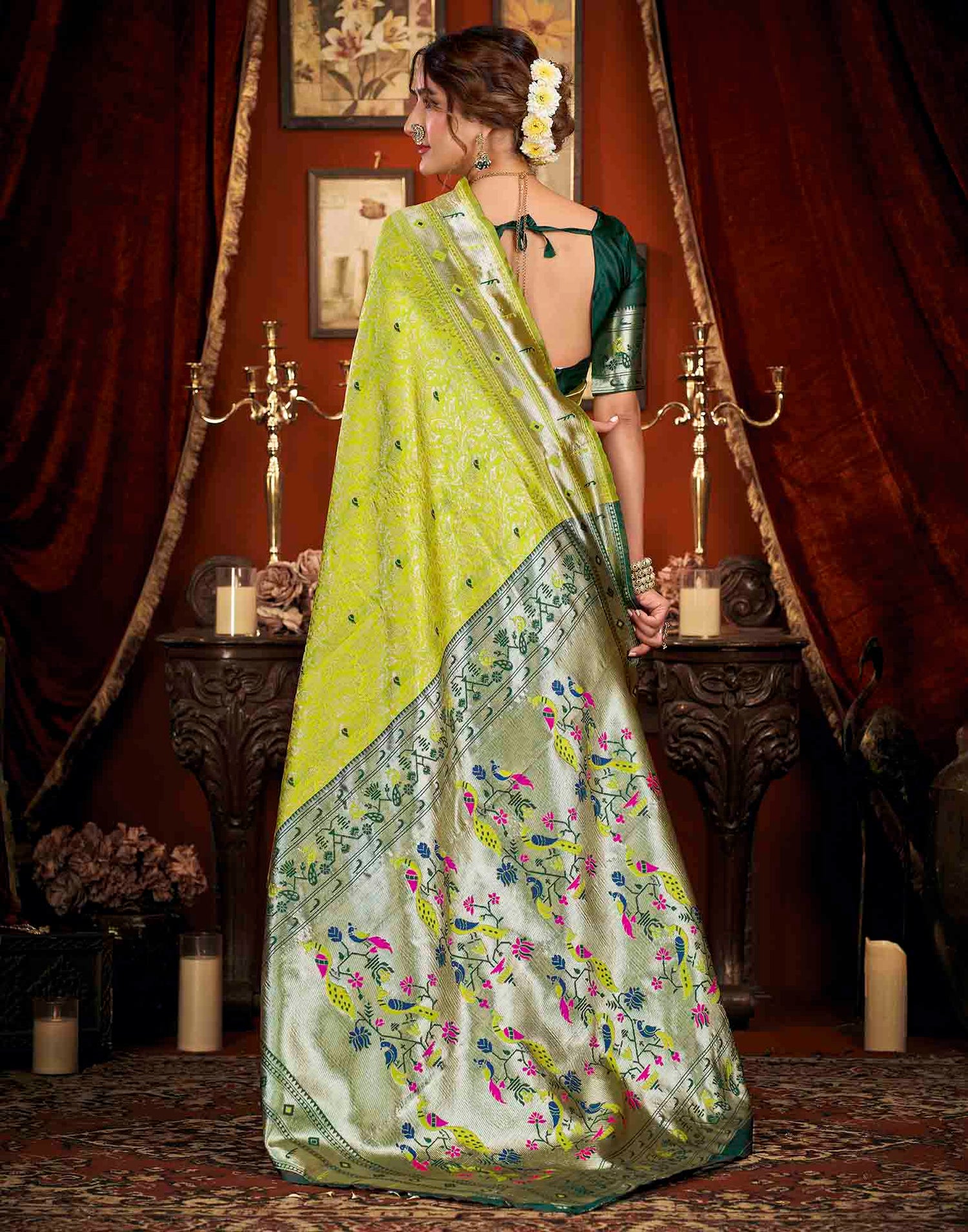 Parrot Green Silk Woven Paithani Saree