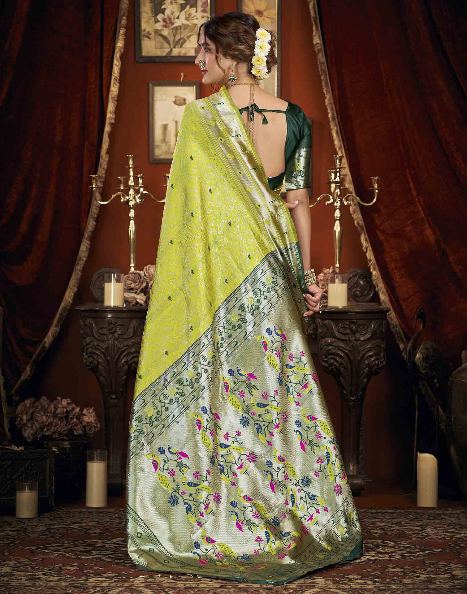 Parrot Green Silk Woven Paithani Saree