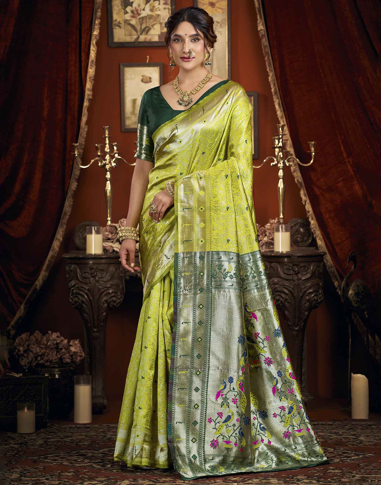 Parrot Green Silk Woven Paithani Saree