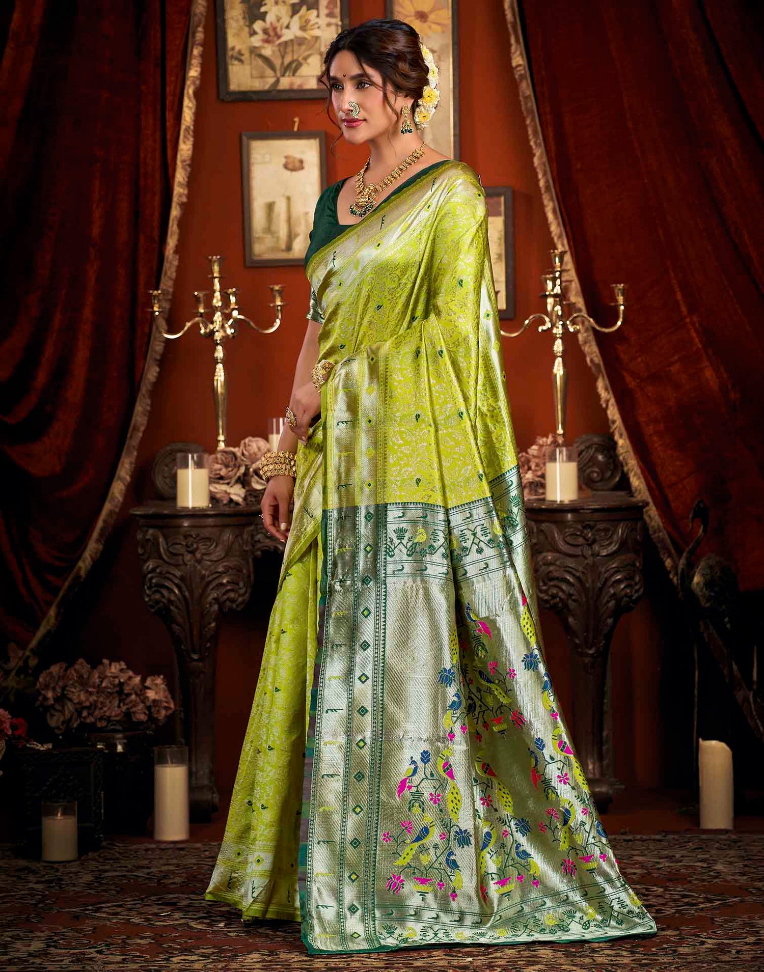 Parrot Green Silk Woven Paithani Saree