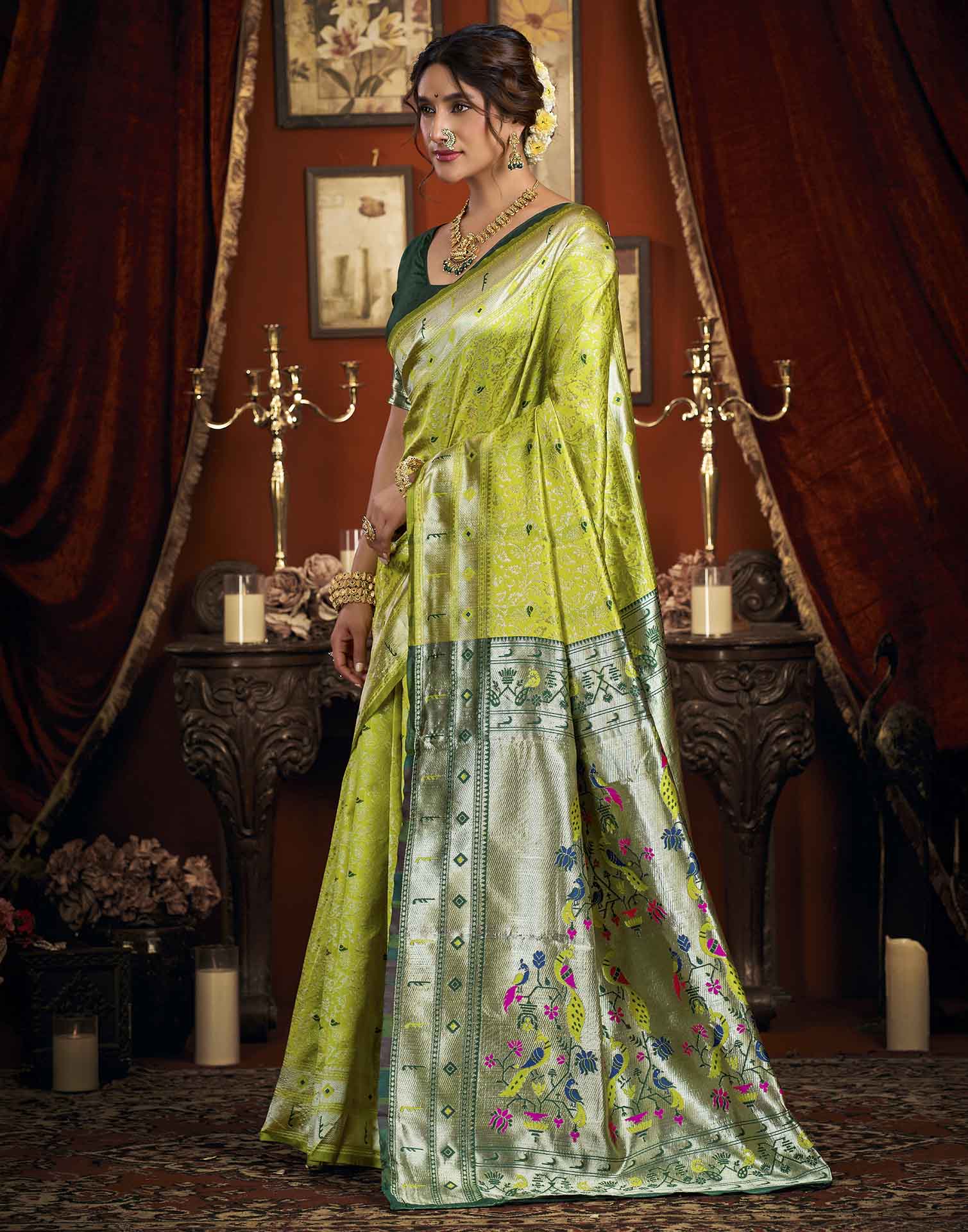 Parrot Green Silk Woven Paithani Saree