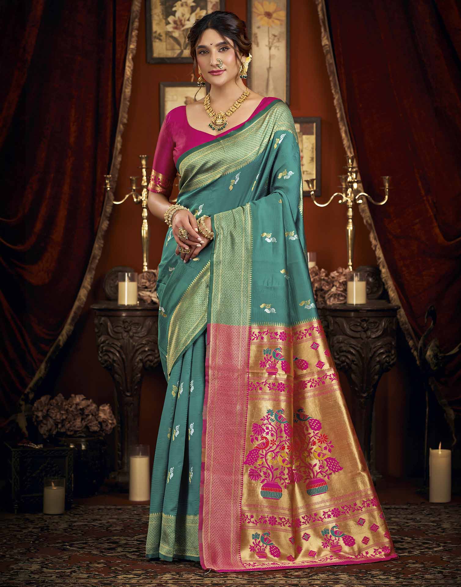 Turquoise Silk Woven Paithani Saree