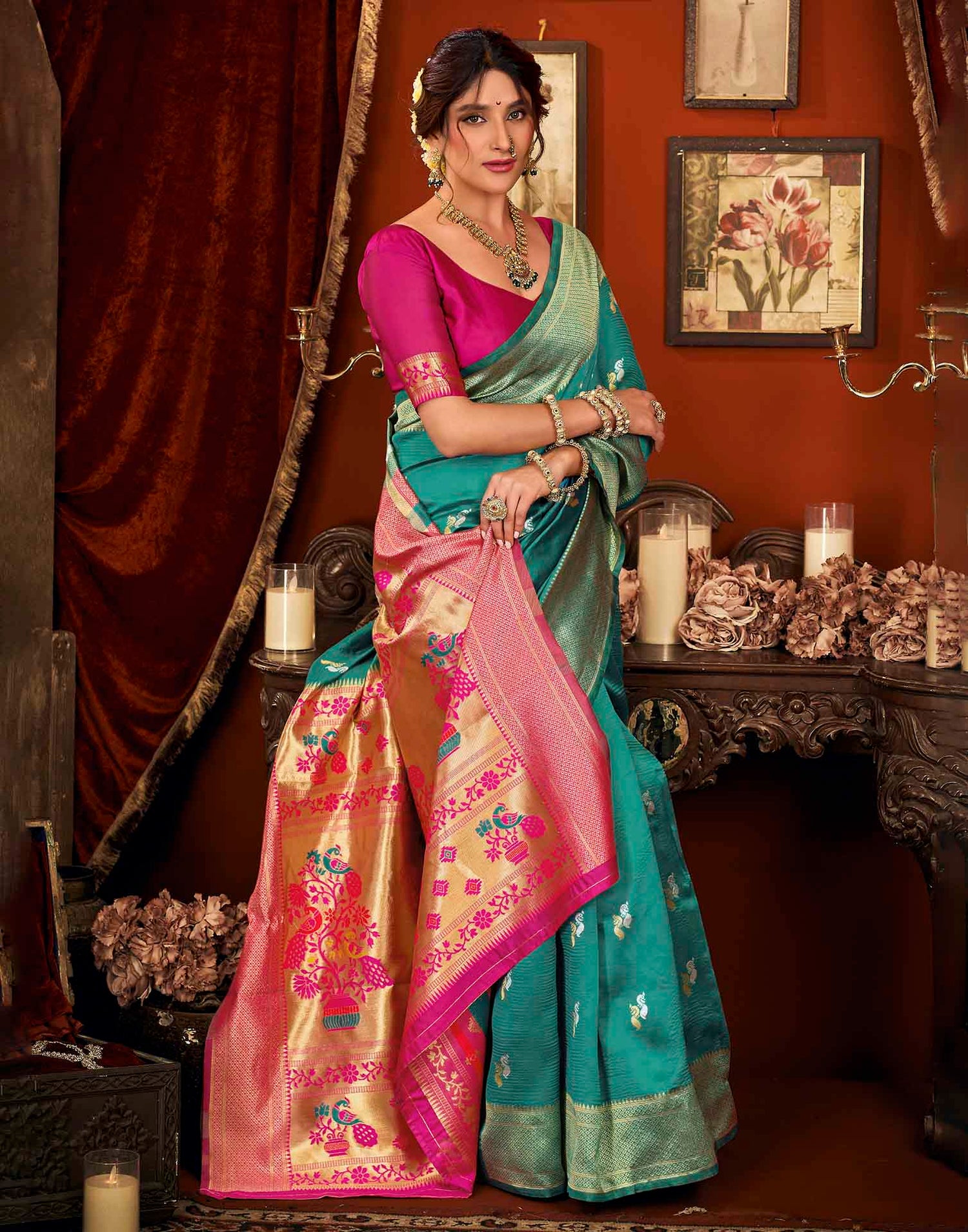 Turquoise Silk Woven Paithani Saree