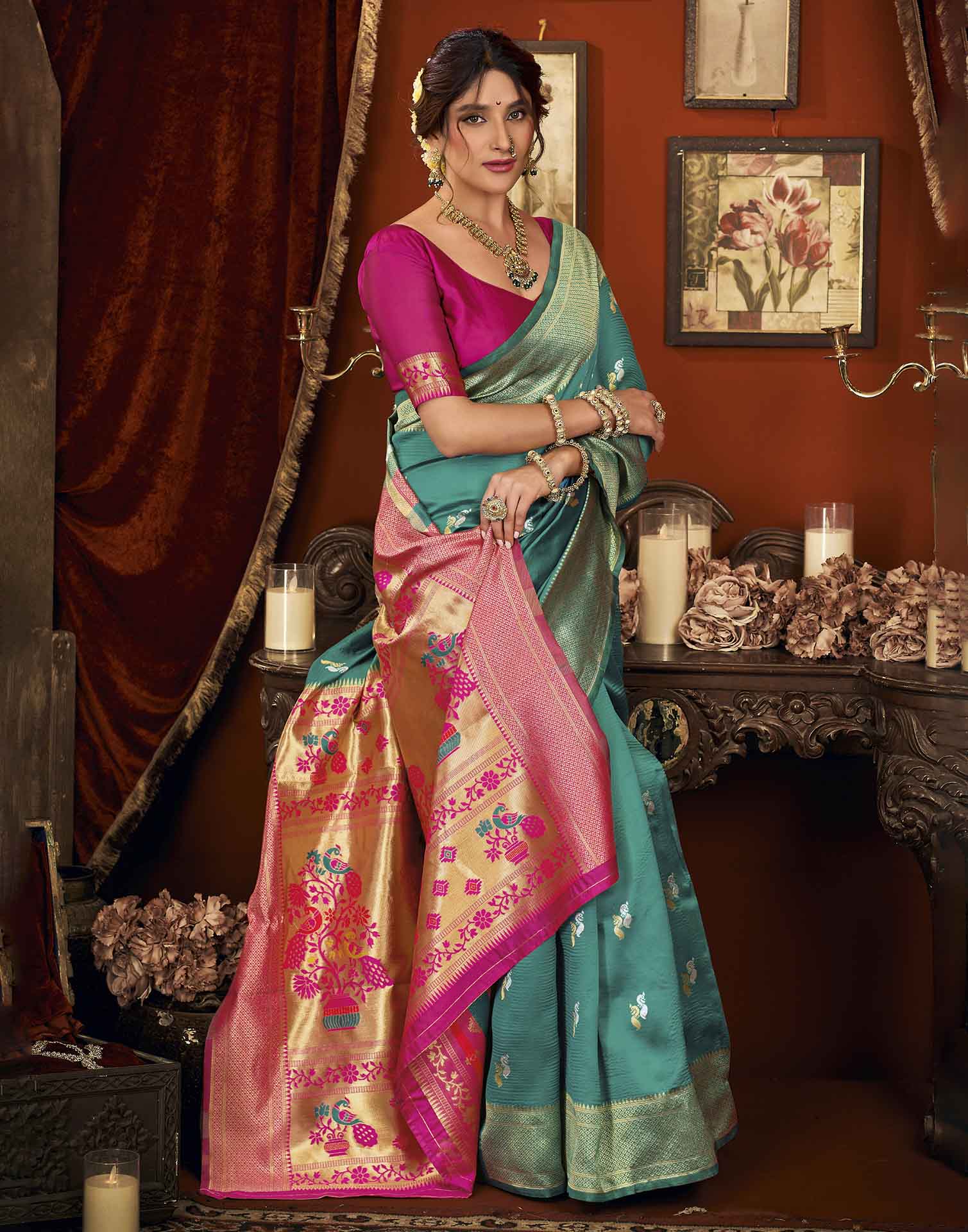 Turquoise Silk Woven Paithani Saree