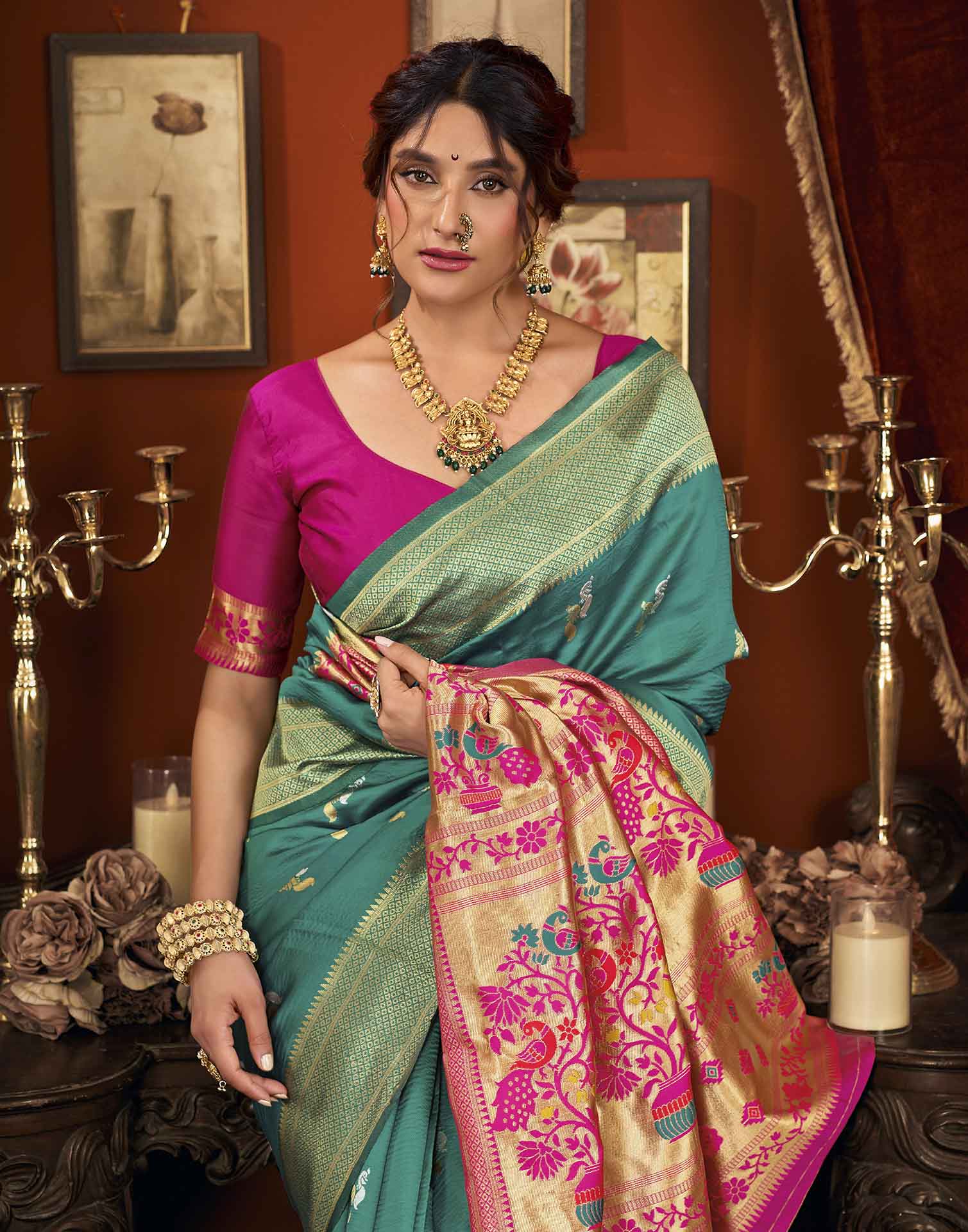 Turquoise Silk Woven Paithani Saree