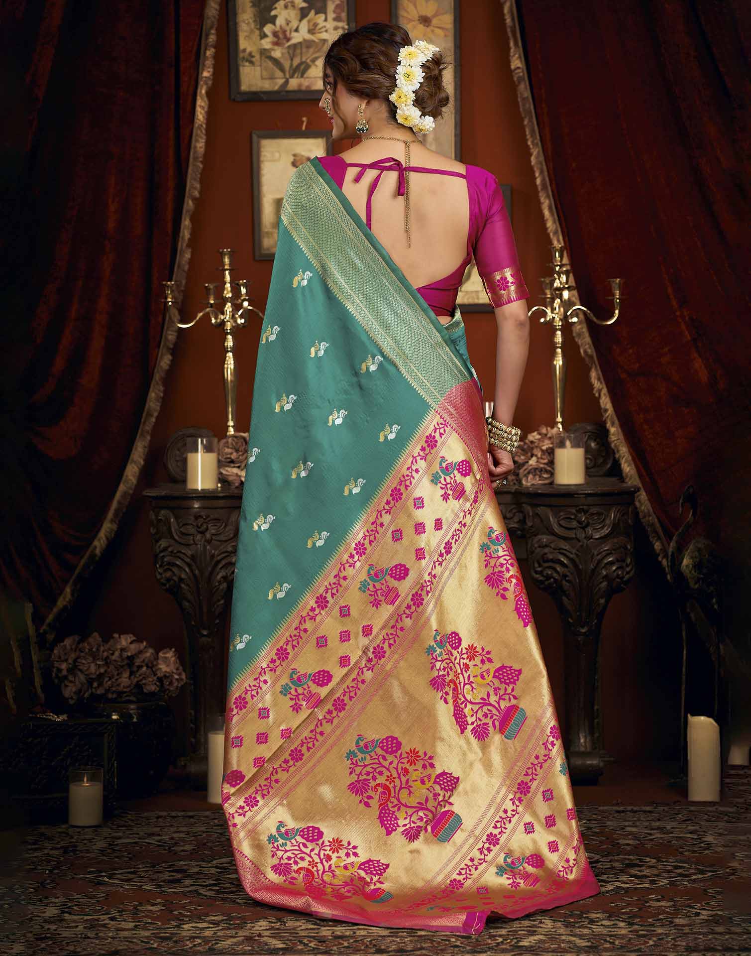 Turquoise Silk Woven Paithani Saree