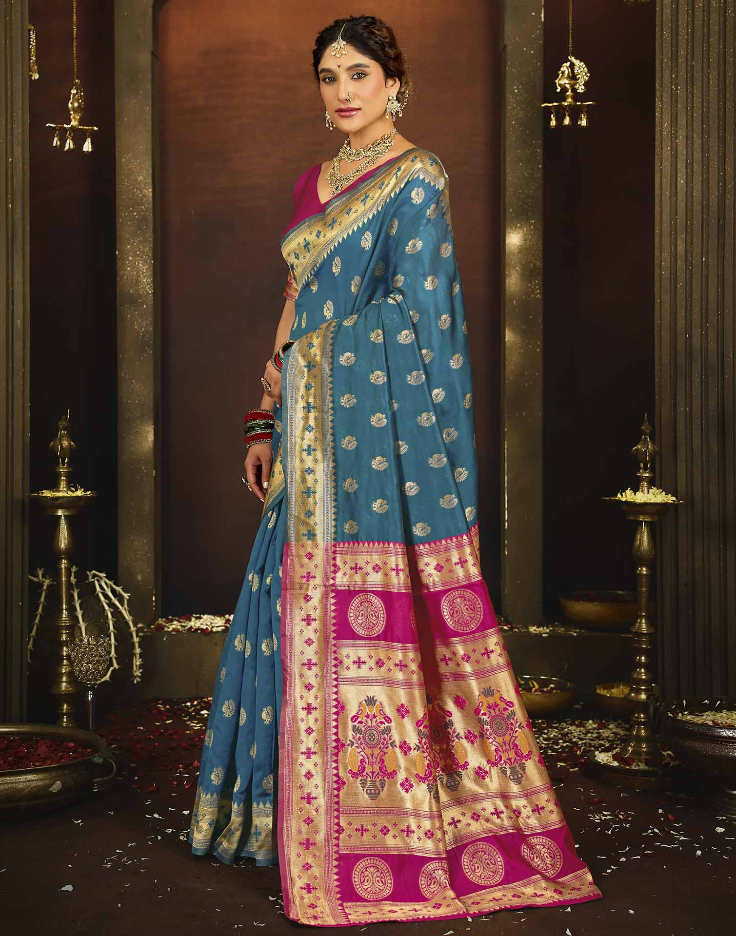 Teal Blue Silk Woven Paithani Saree