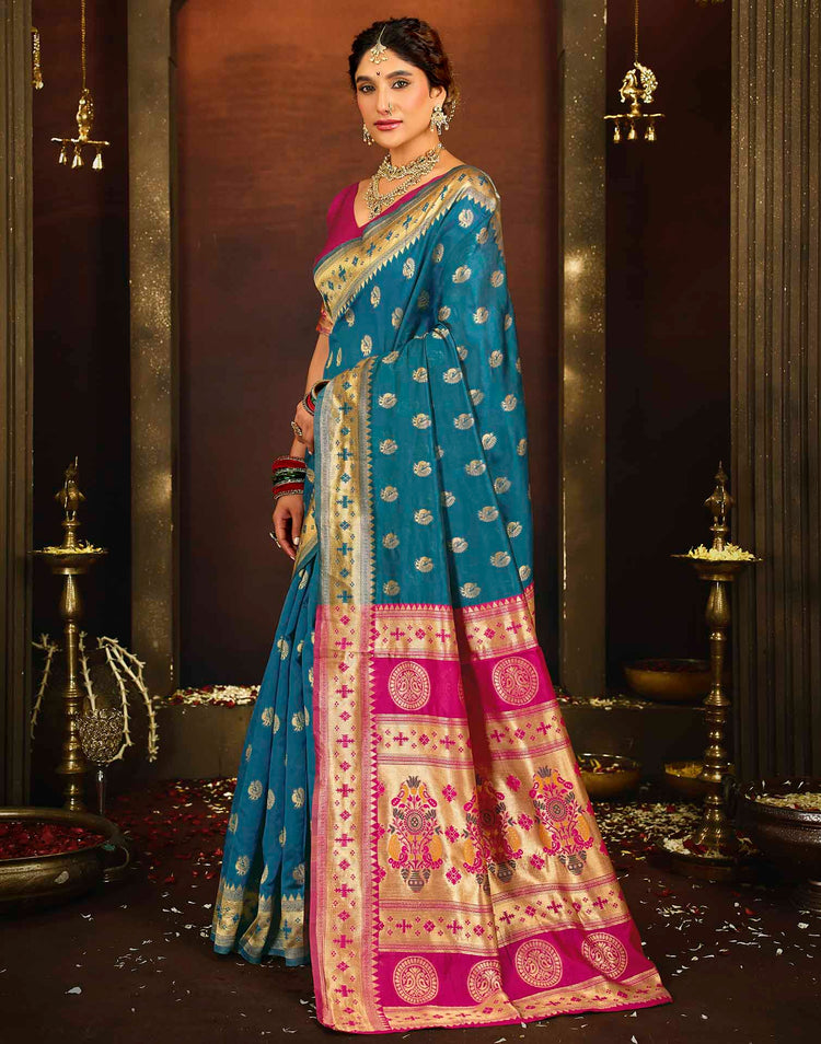 Teal Blue Silk Woven Paithani Saree