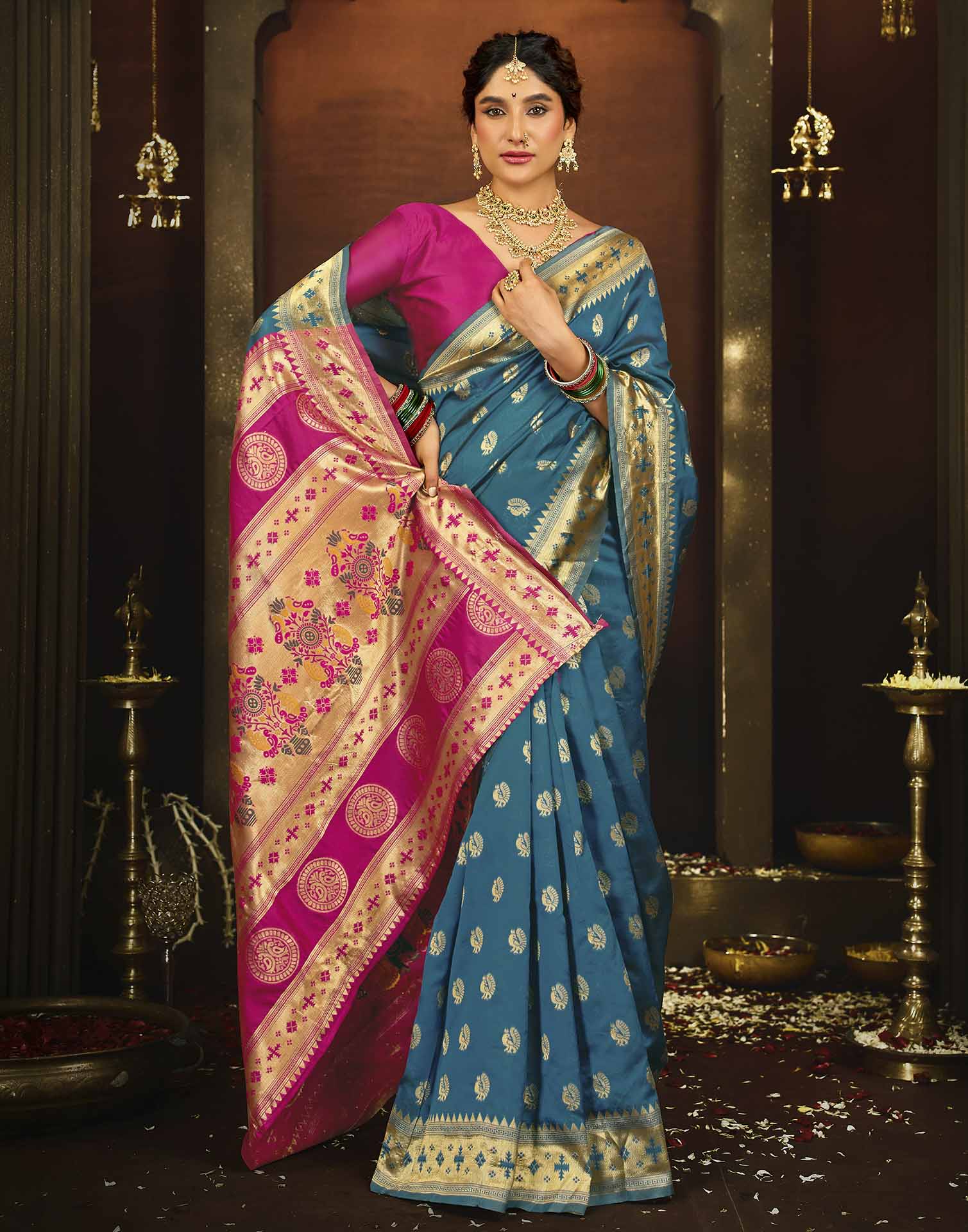 Teal Blue Silk Woven Paithani Saree
