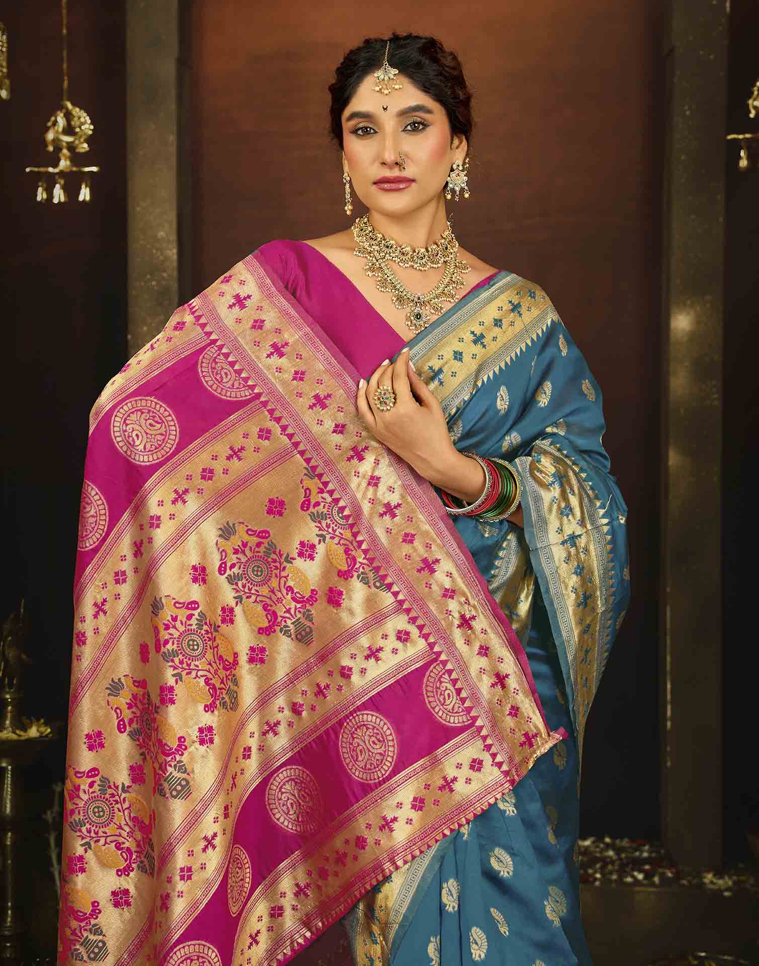 Teal Blue Silk Woven Paithani Saree