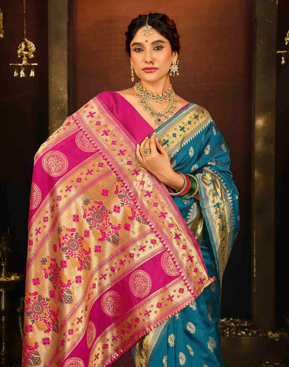 Teal Blue Silk Woven Paithani Saree