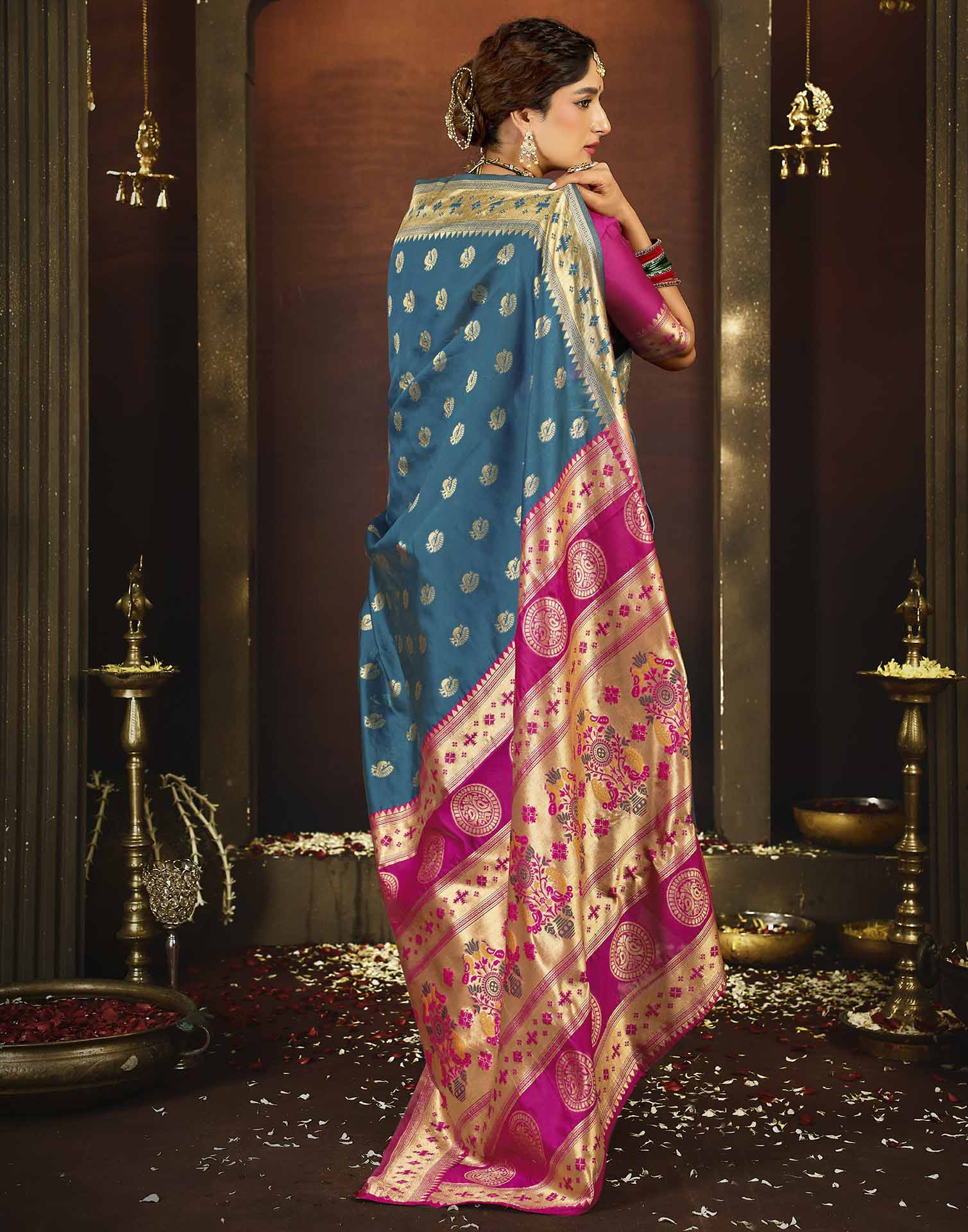 Teal Blue Silk Woven Paithani Saree