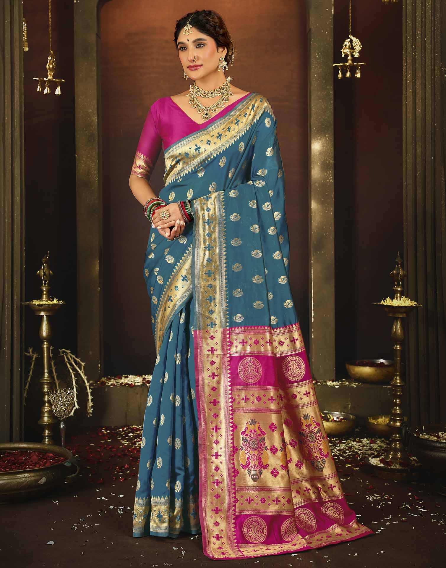 Teal Blue Silk Woven Paithani Saree