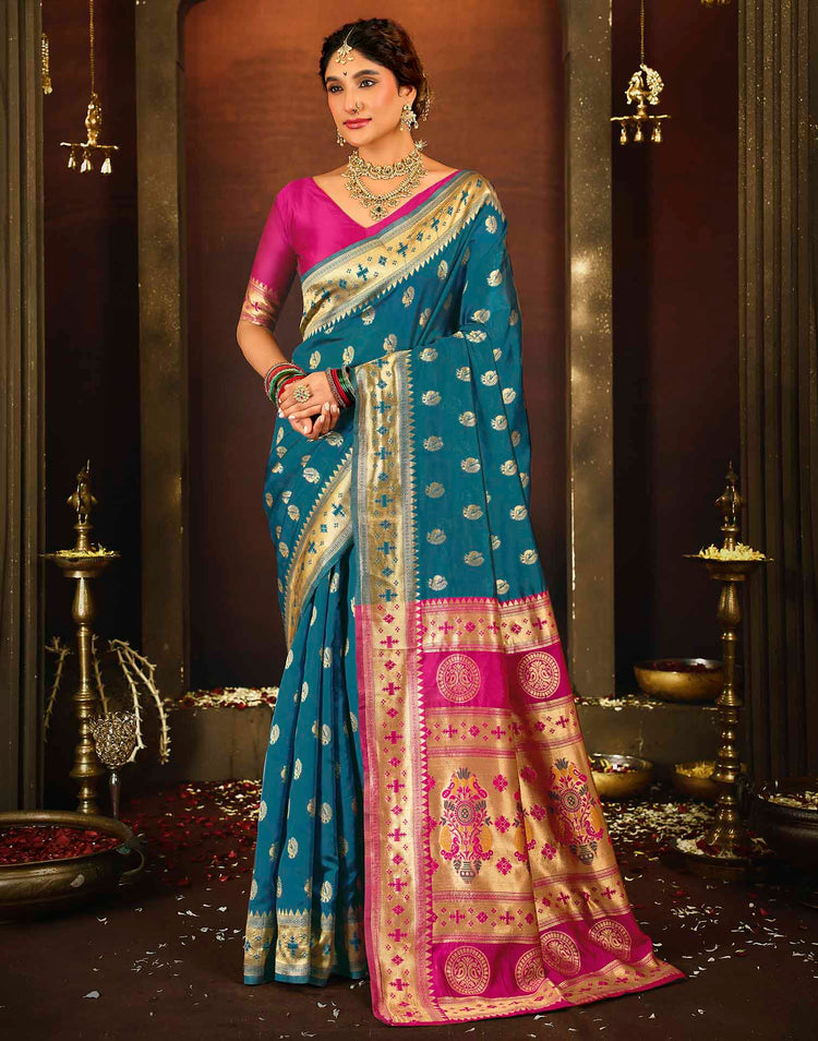 Teal Blue Silk Woven Paithani Saree
