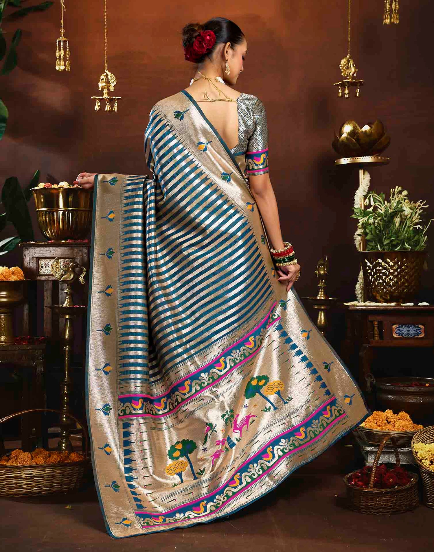Peacock Blue Silk Woven Paithani Saree