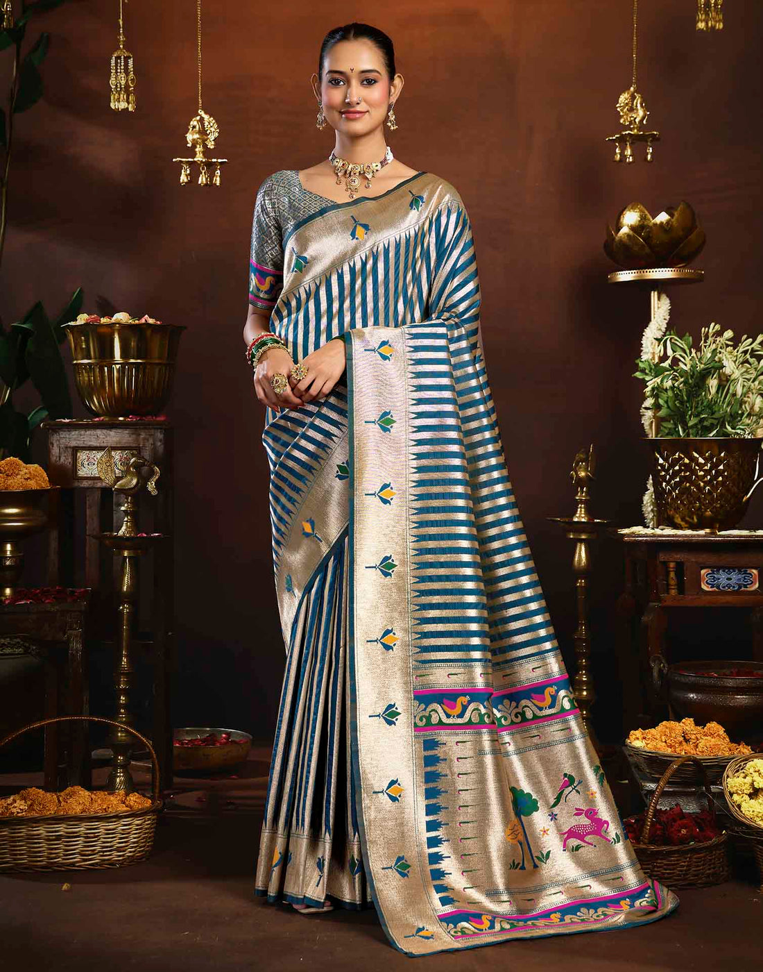Peacock Blue Silk Woven Paithani Saree