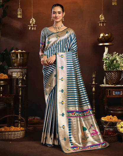 Peacock Blue Silk Woven Paithani Saree