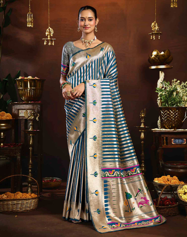 Peacock Blue Silk Woven Paithani Saree