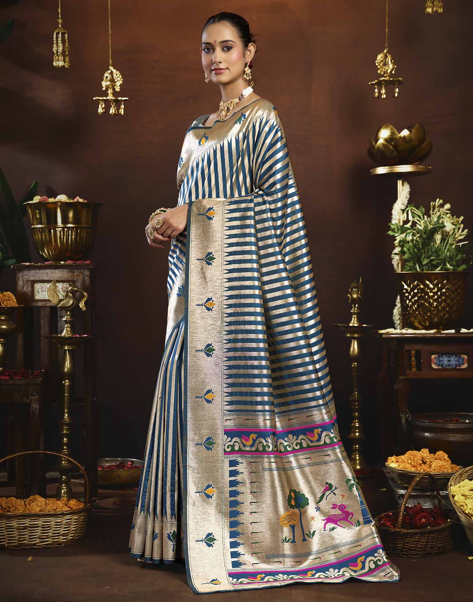 Peacock Blue Silk Woven Paithani Saree