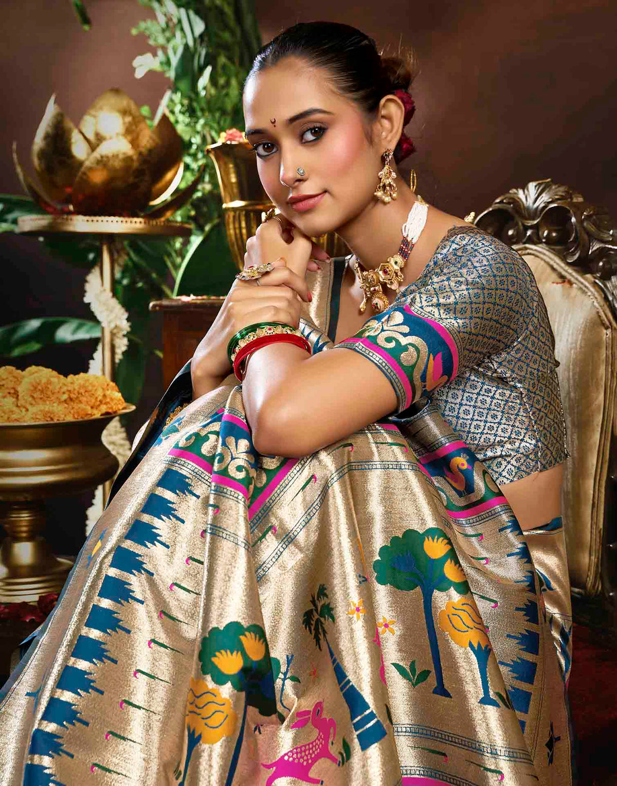 Peacock Blue Silk Woven Paithani Saree
