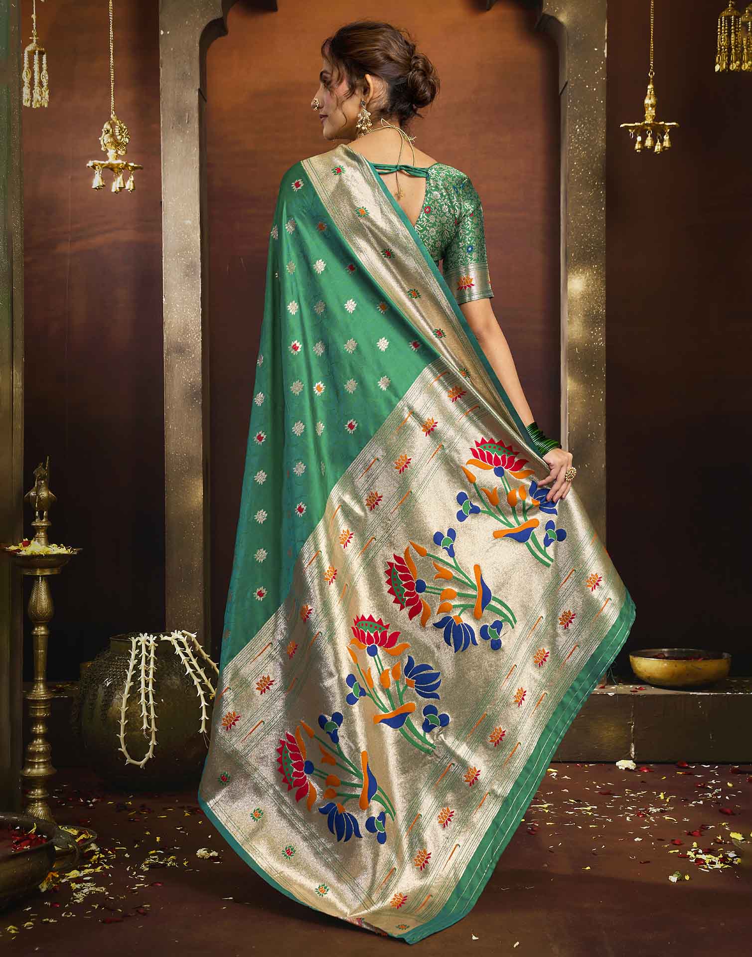Bottle Green Silk Woven Paithani Saree