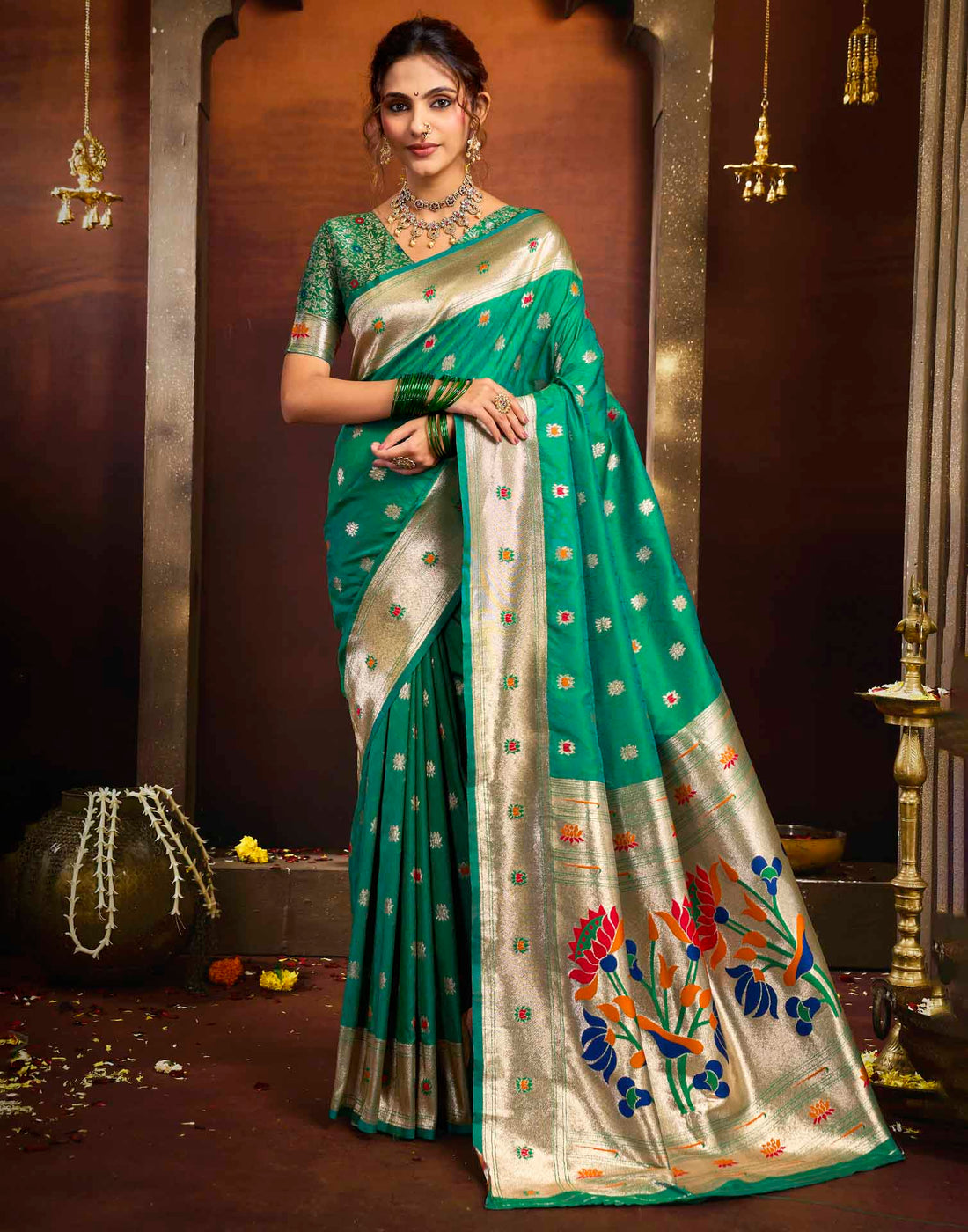 Bottle Green Silk Woven Paithani Saree
