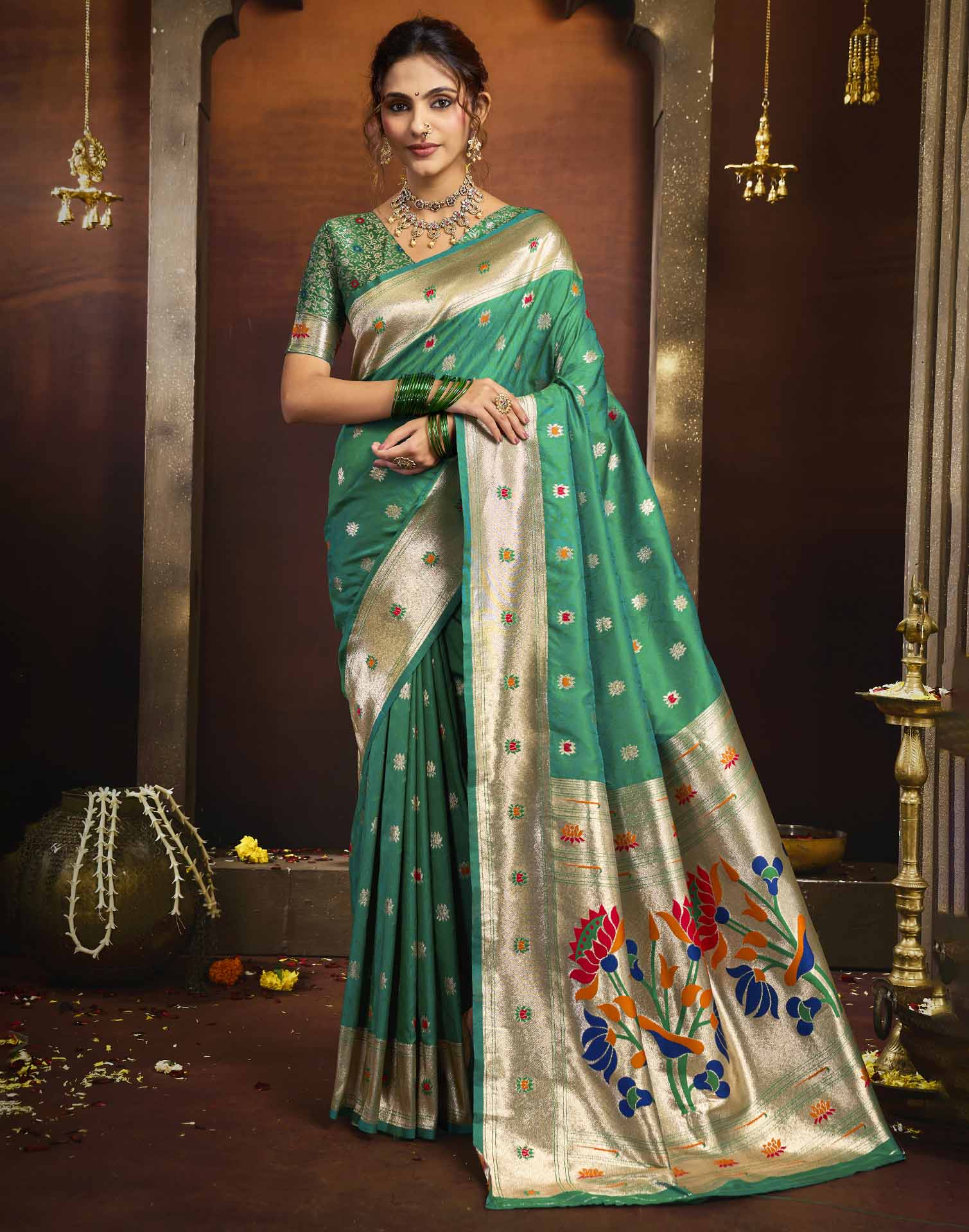 Bottle Green Silk Woven Paithani Saree