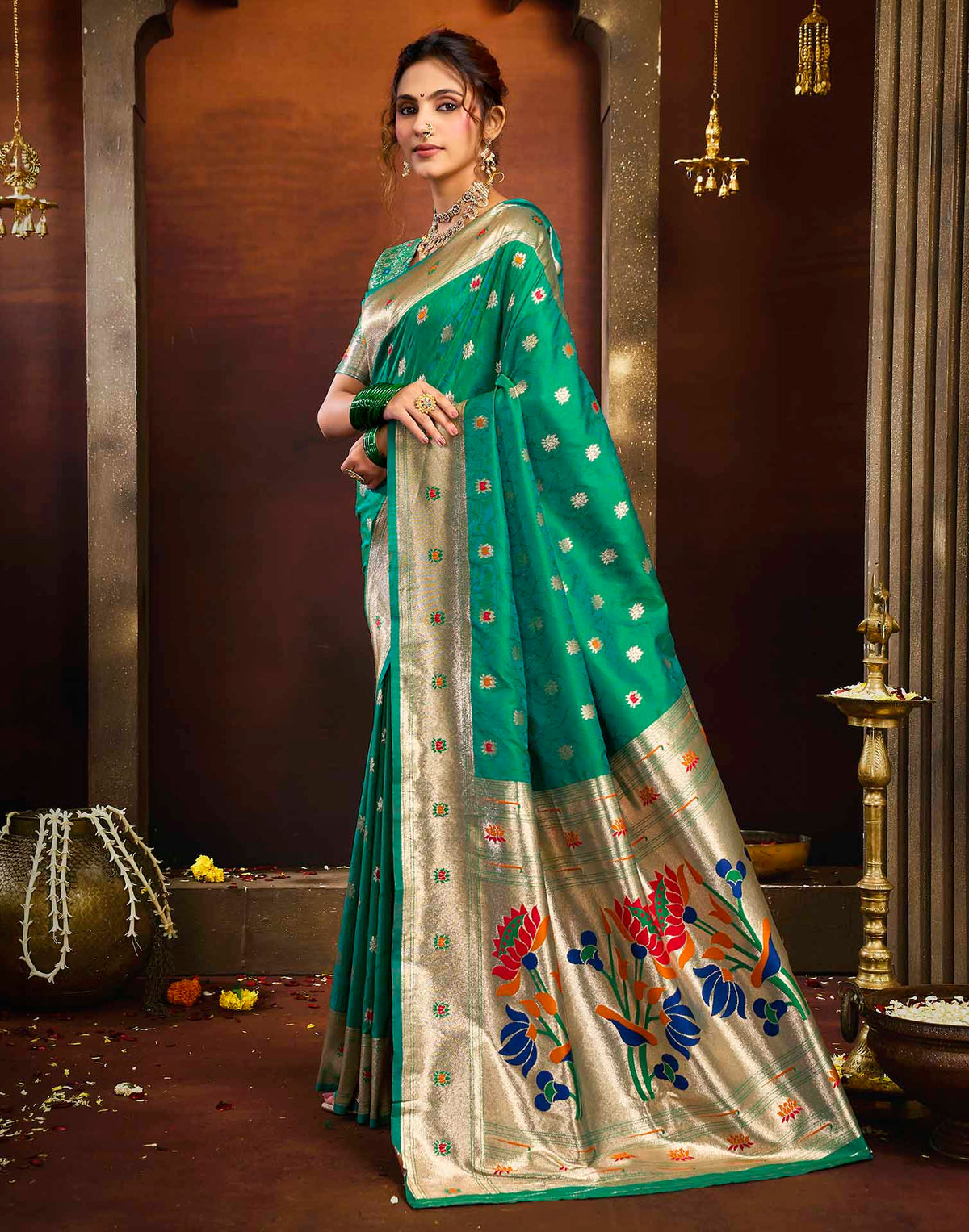 Bottle Green Silk Woven Paithani Saree