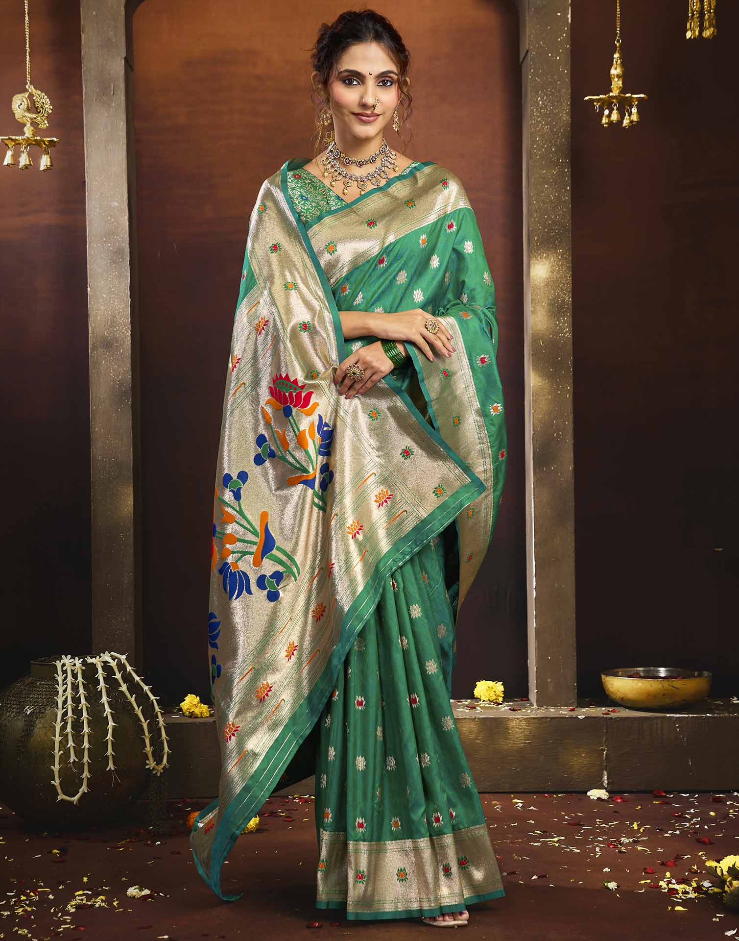Bottle Green Silk Woven Paithani Saree